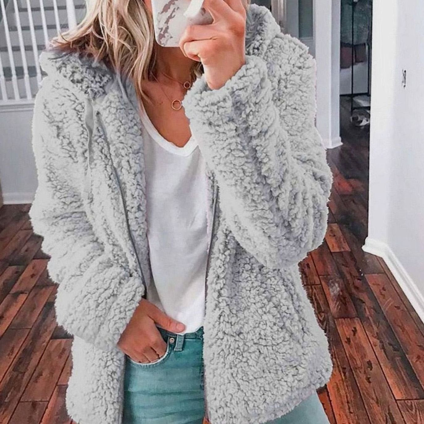 Women's Fluffy Teddy Open-Front Hooded Cardigan - Light Gray