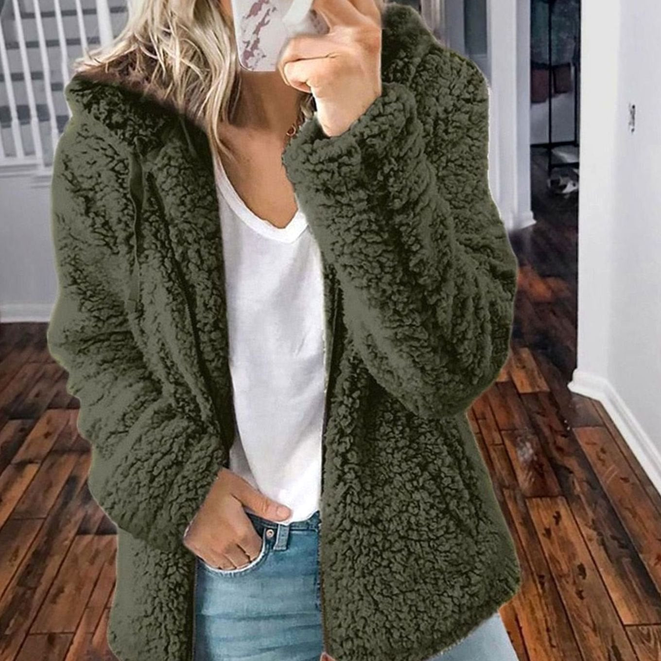 Women's Fluffy Teddy Open-Front Hooded Cardigan - Green