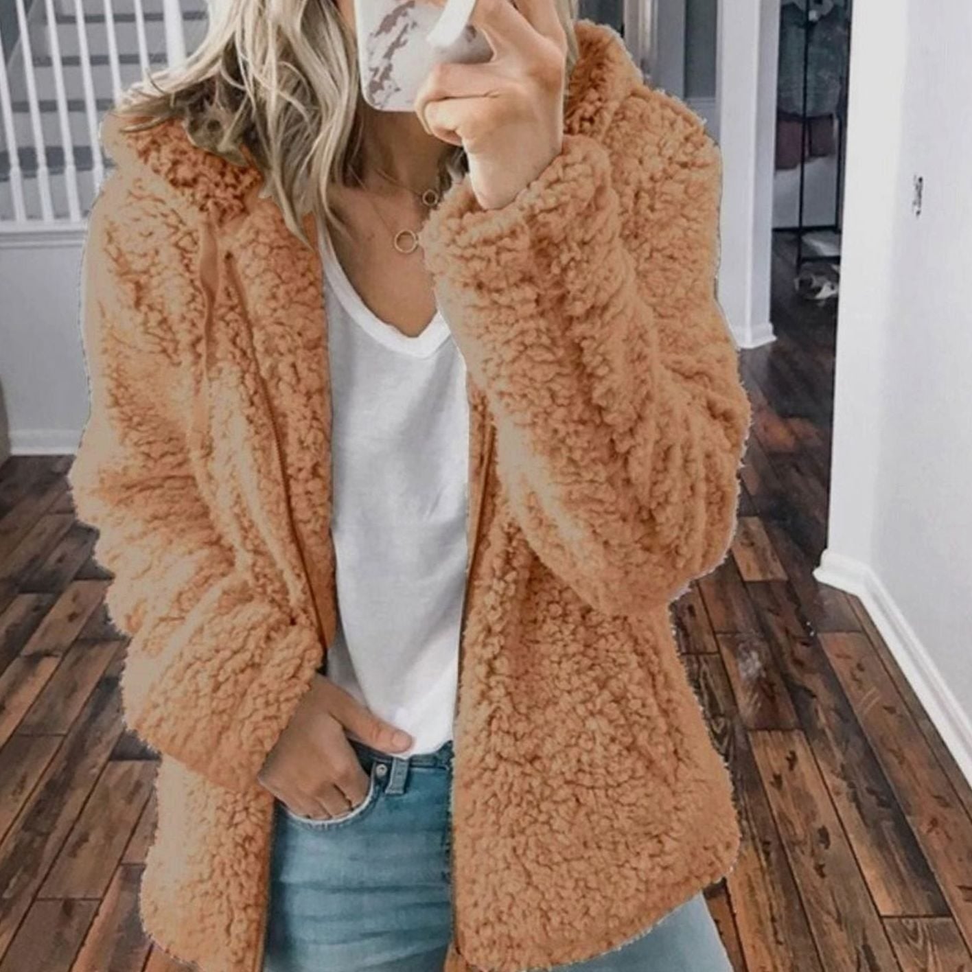 Women's Fluffy Teddy Open-Front Hooded Cardigan - Cappuccino