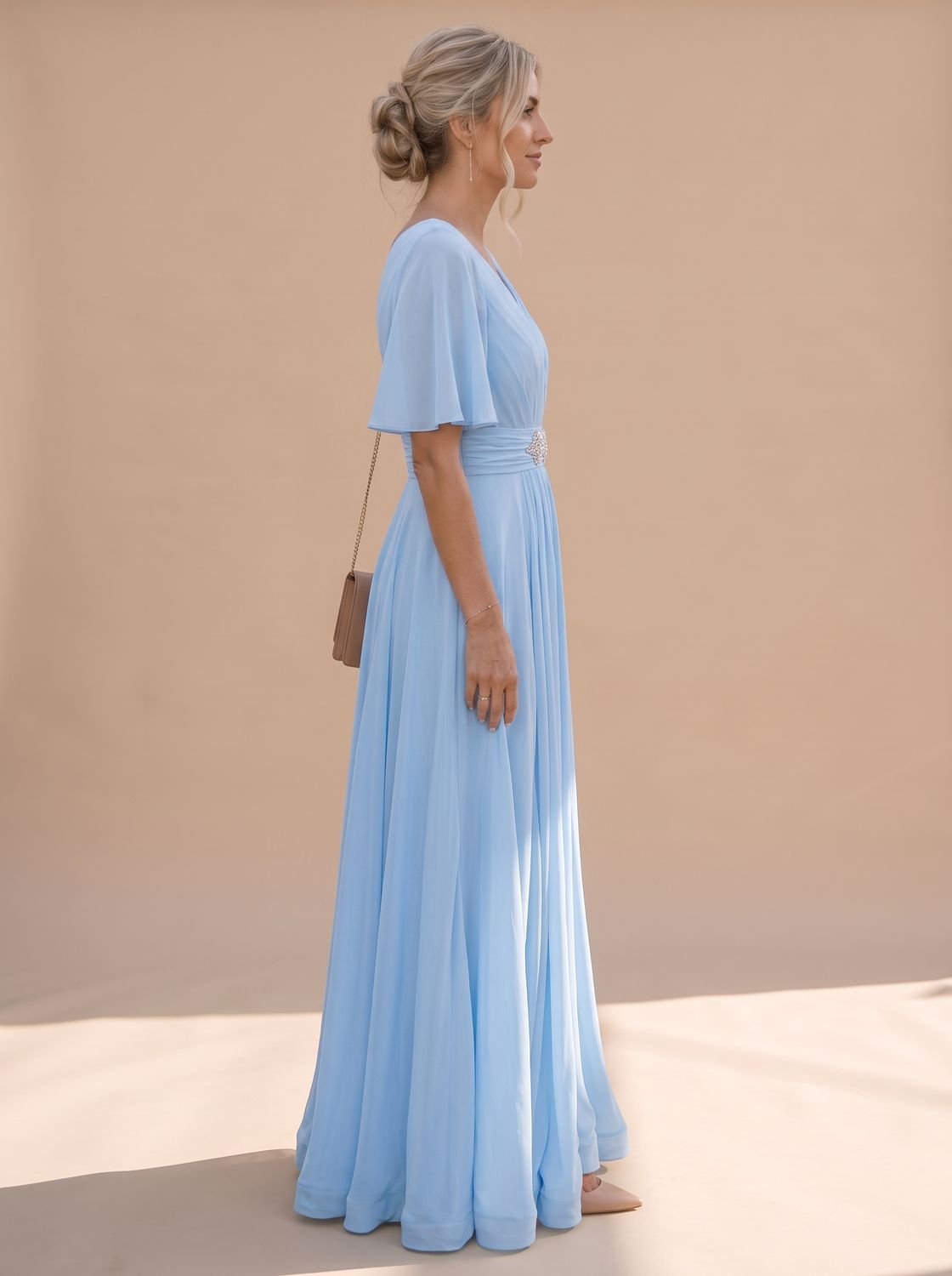 Women's Flutter-Sleeve V-Neck Embellished A-Line Formal Maxi Dress