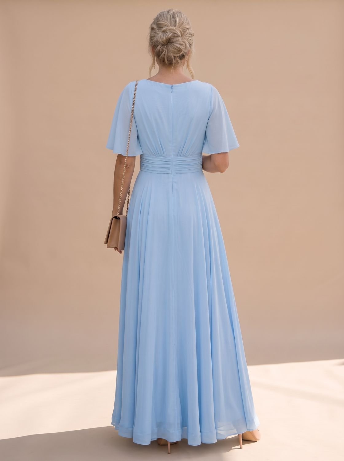 Women's Flutter-Sleeve V-Neck Embellished A-Line Formal Maxi Dress