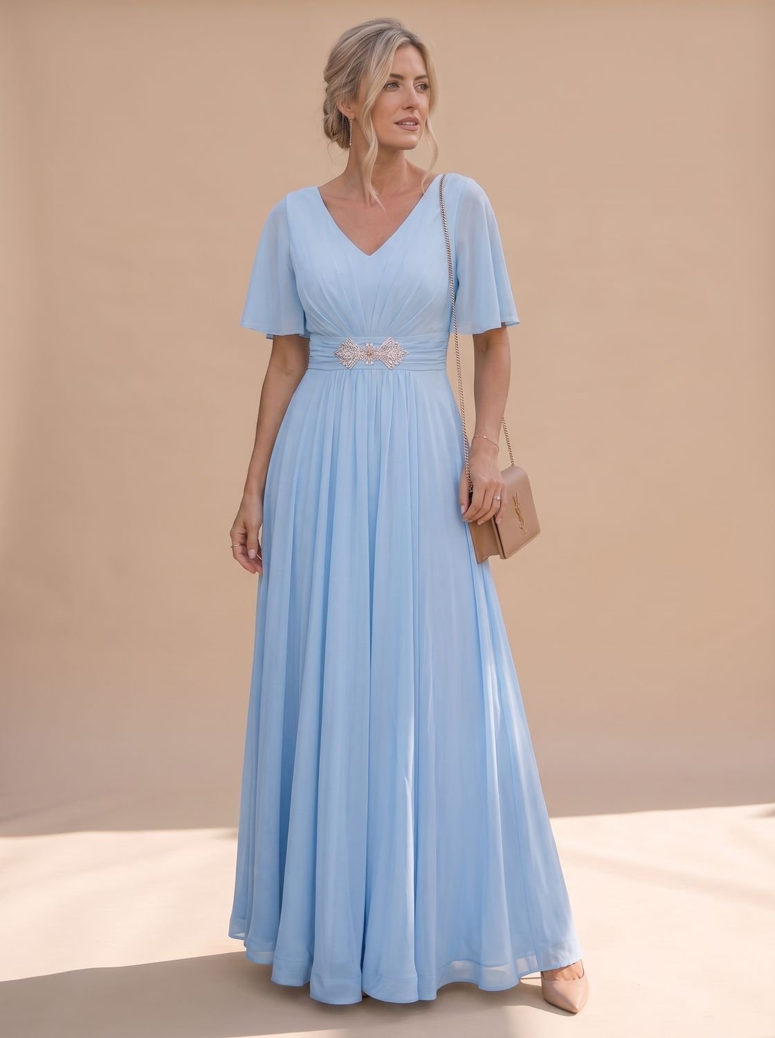 Women's Flutter-Sleeve V-Neck Embellished A-Line Formal Maxi Dress