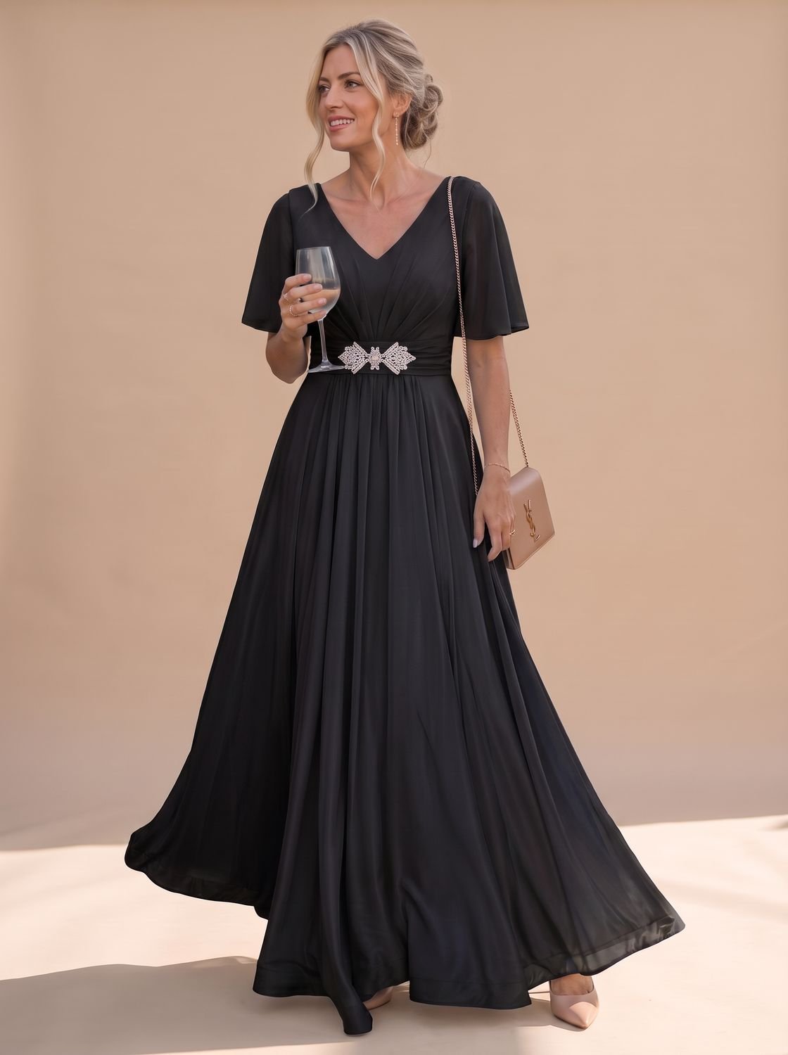 Women's Flutter-Sleeve V-Neck Embellished A-Line Formal Maxi Dress - Black
