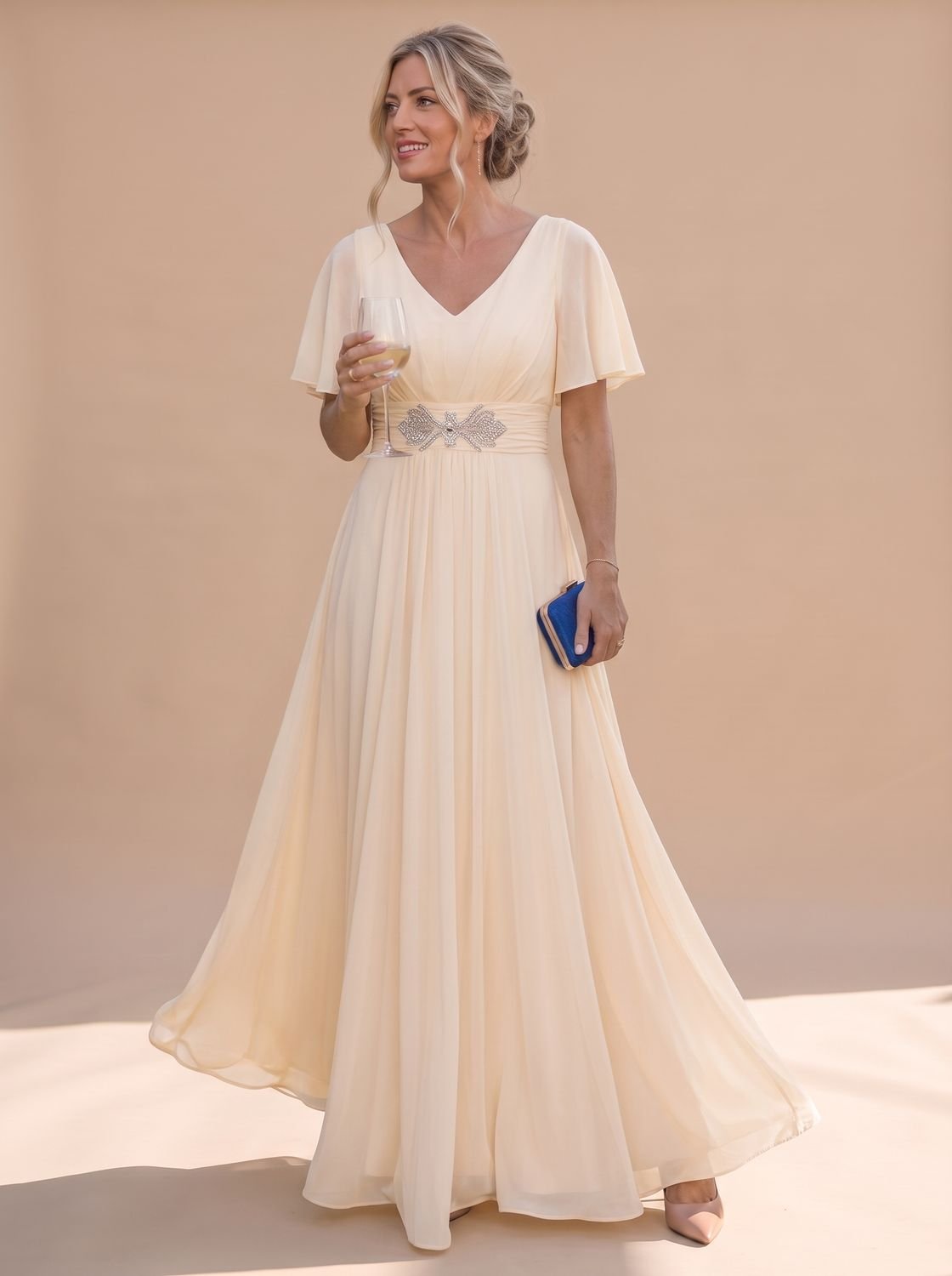 Women's Flutter-Sleeve V-Neck Embellished A-Line Formal Maxi Dress - Champagne
