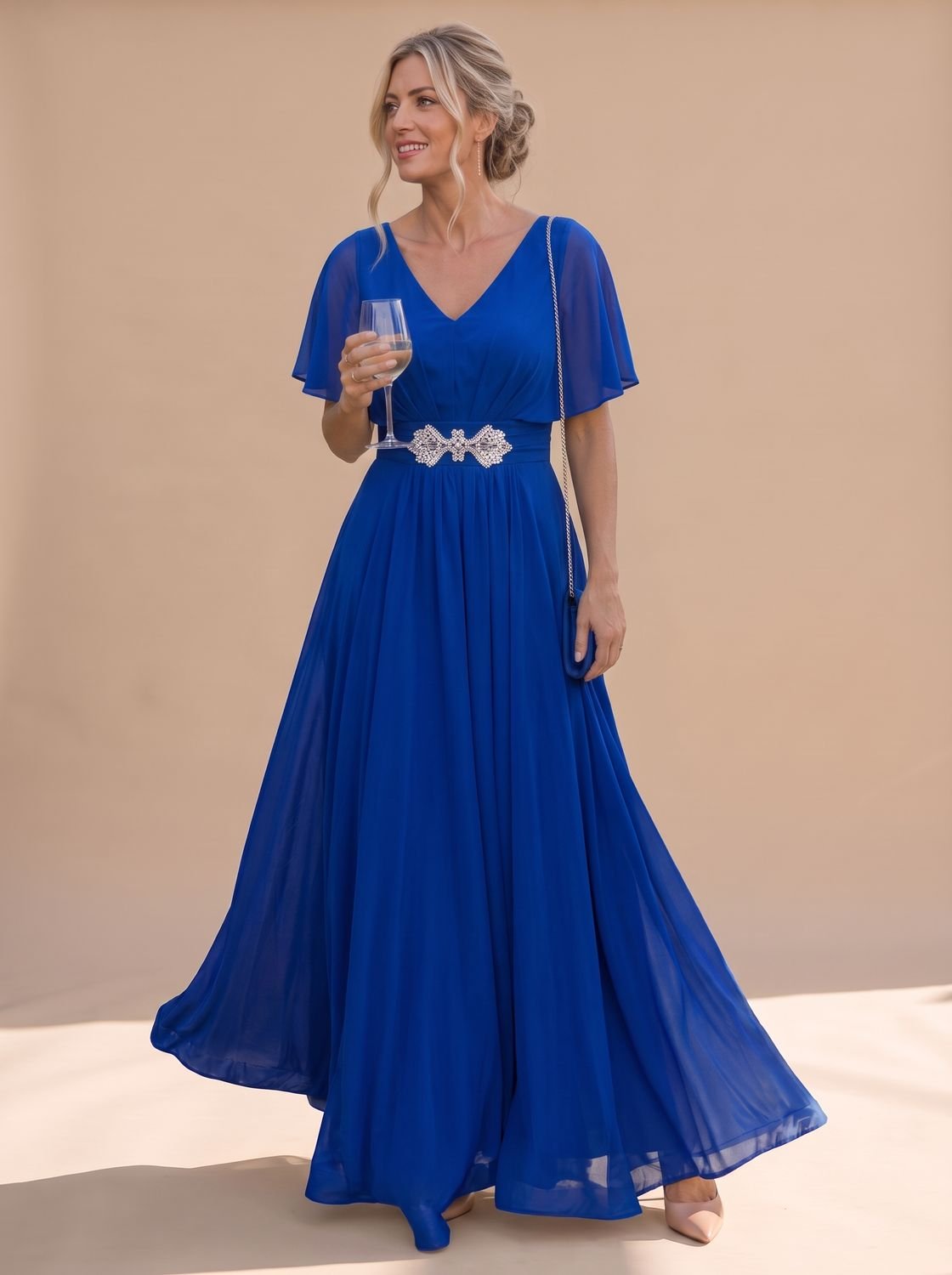 Women's Flutter-Sleeve V-Neck Embellished A-Line Formal Maxi Dress - Royal Blue