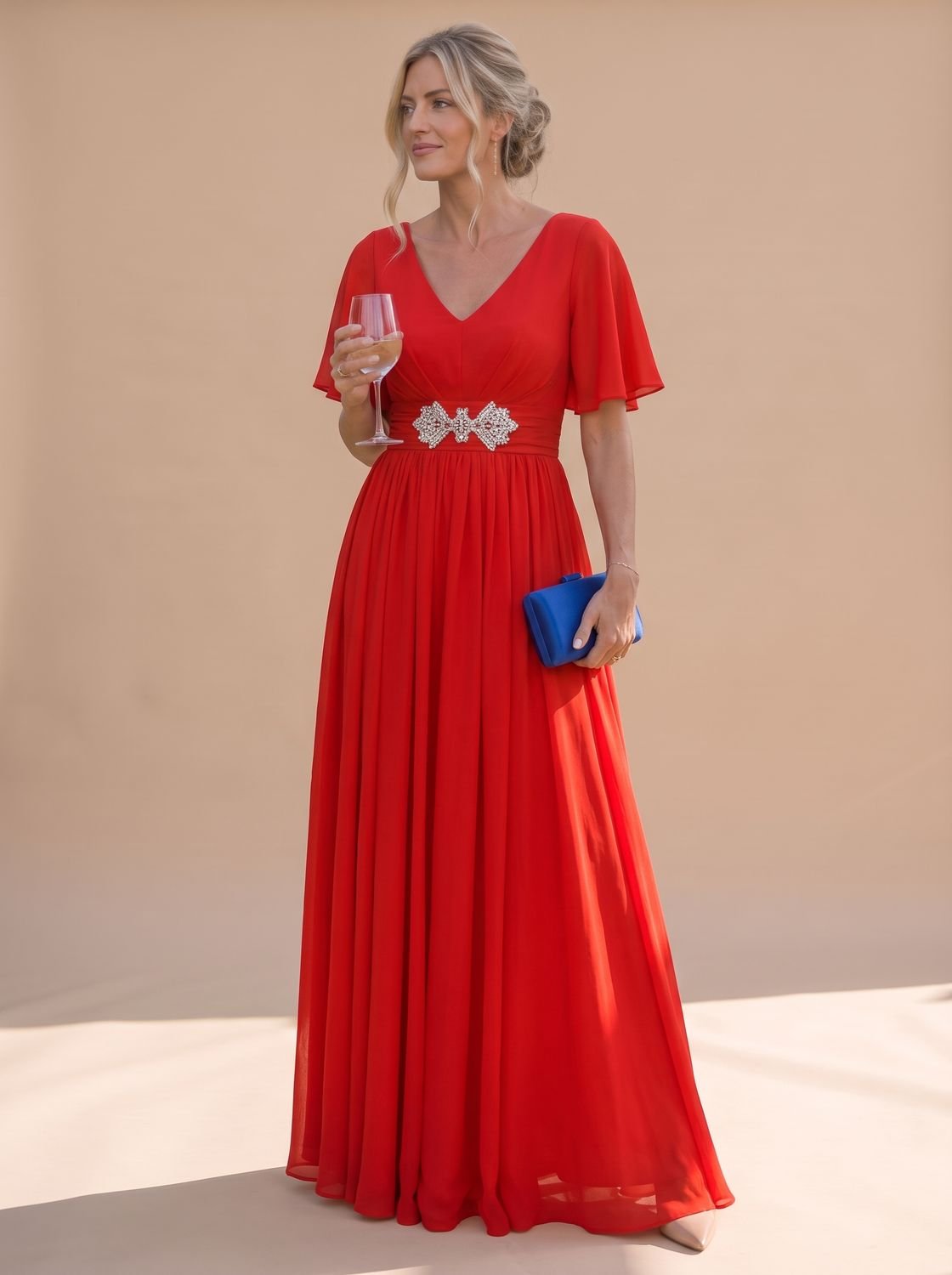 Women's Flutter-Sleeve V-Neck Embellished A-Line Formal Maxi Dress - Red