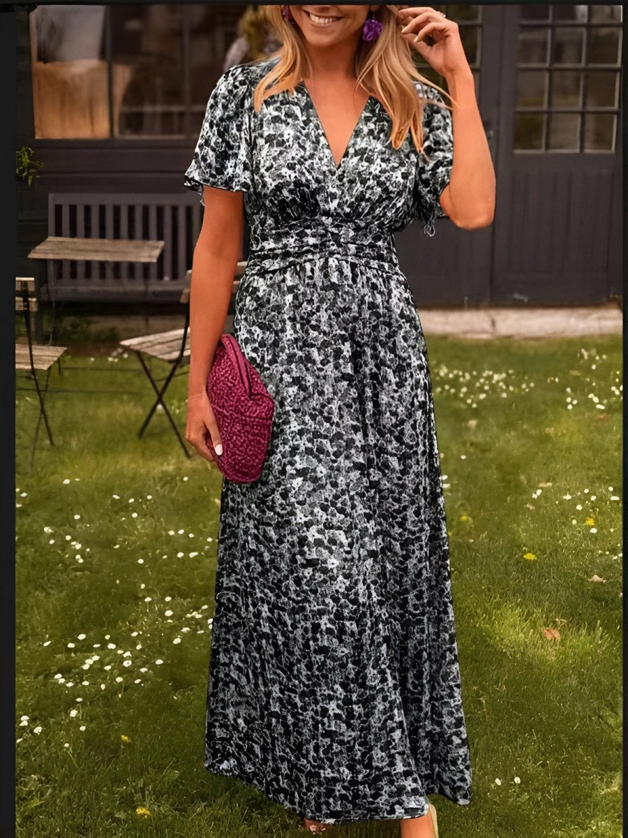 Women's Flutter-Sleeve V-Neck Floral Pleated Maxi Dresses - Black