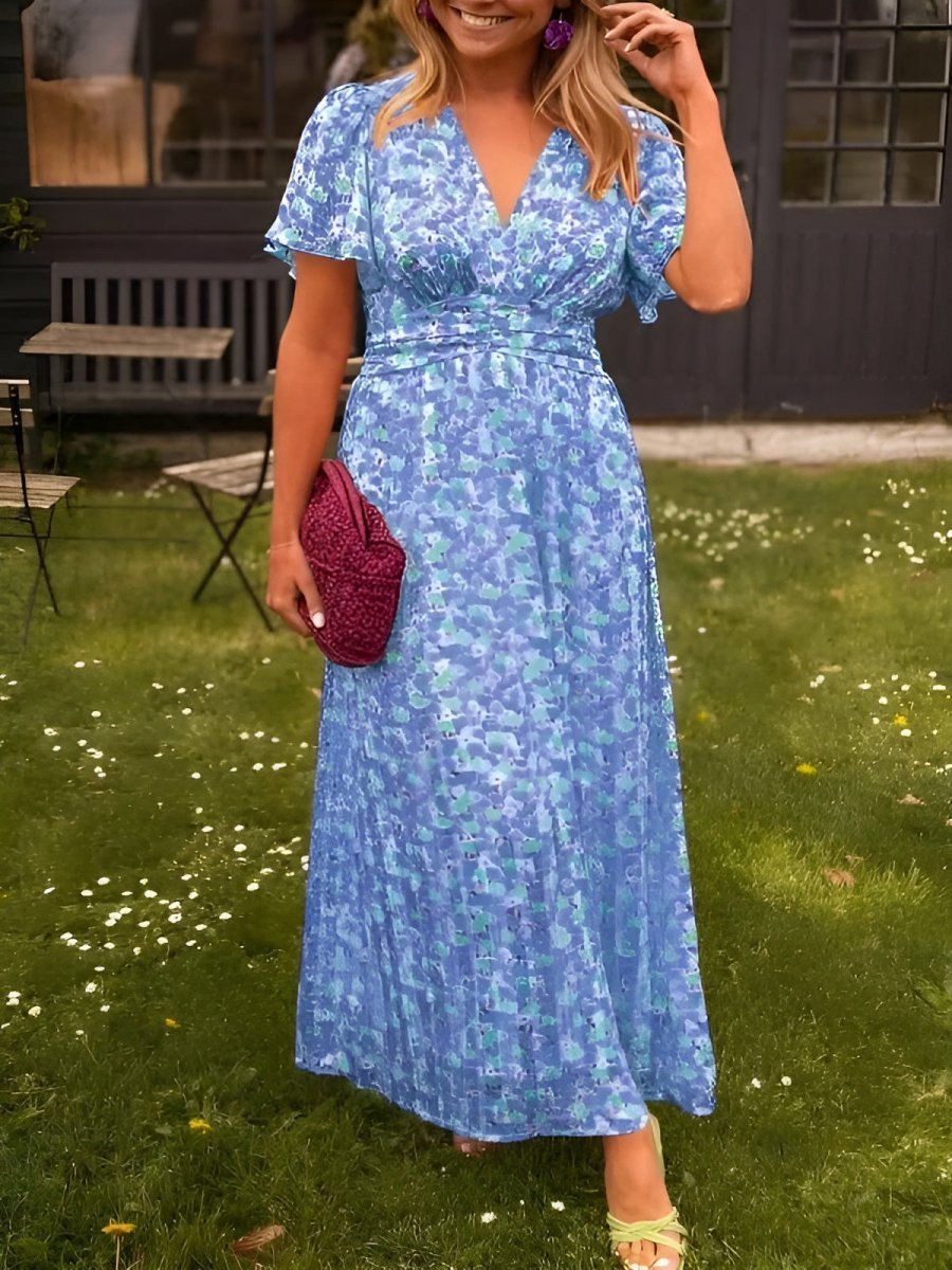 Women's Flutter-Sleeve V-Neck Floral Pleated Maxi Dresses - Blue