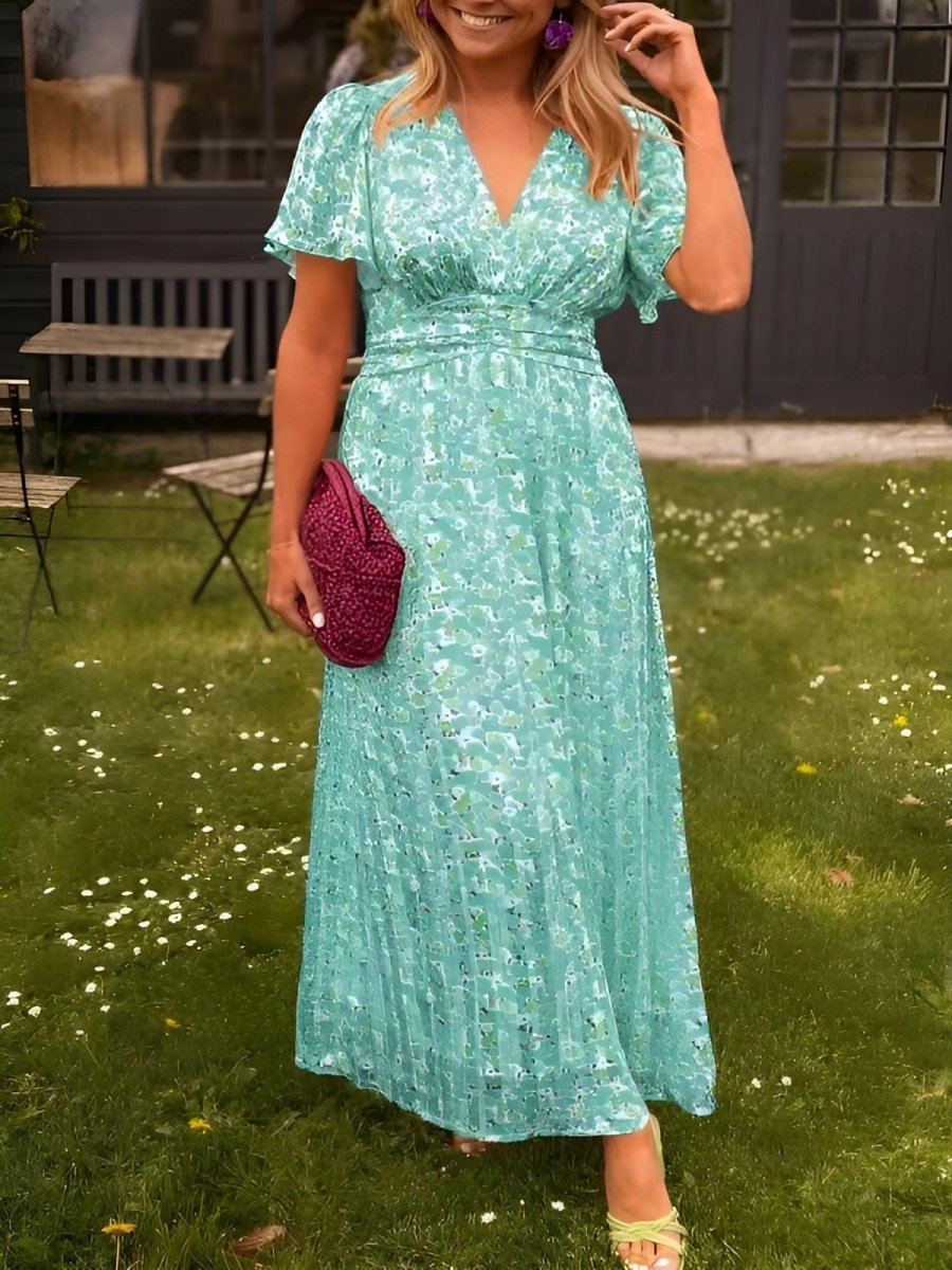 Women's Flutter-Sleeve V-Neck Floral Pleated Maxi Dresses - Green