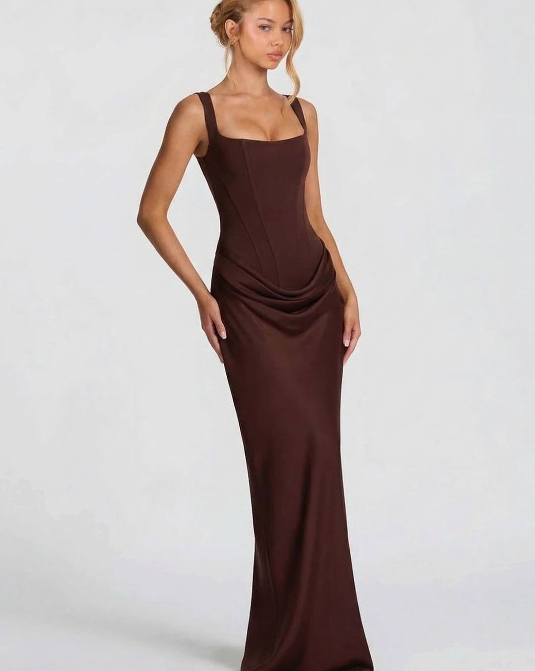 Women's Formal Corset-Bodice Draped Satin Maxi Dress