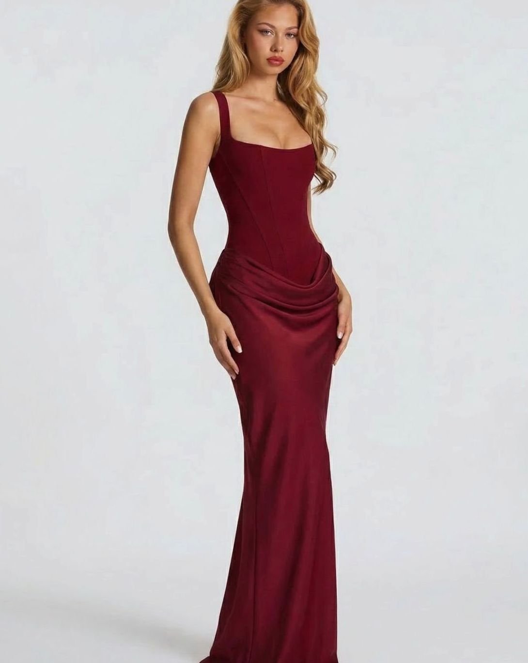 Women's Formal Corset-Bodice Draped Satin Maxi Dress
