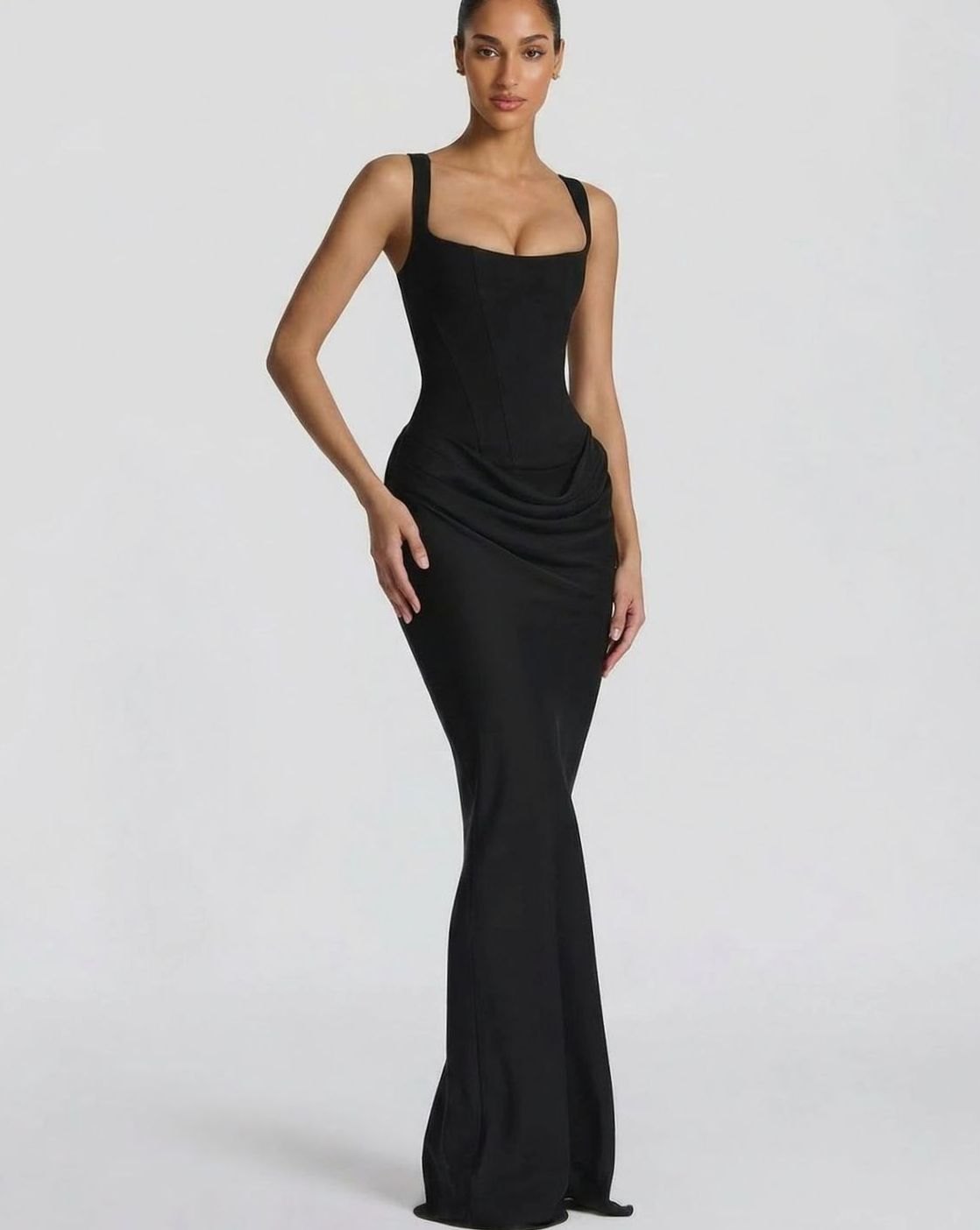 Women's Formal Corset-Bodice Draped Satin Maxi Dress - Black
