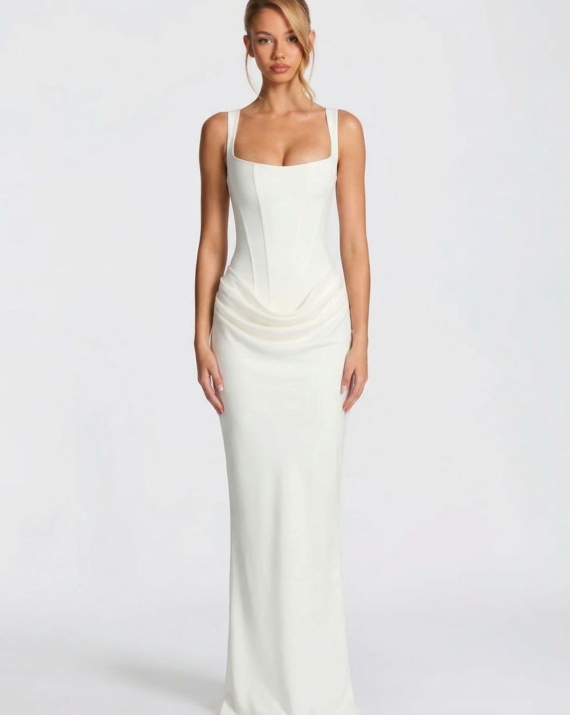 Women's Formal Corset-Bodice Draped Satin Maxi Dress - Ivory