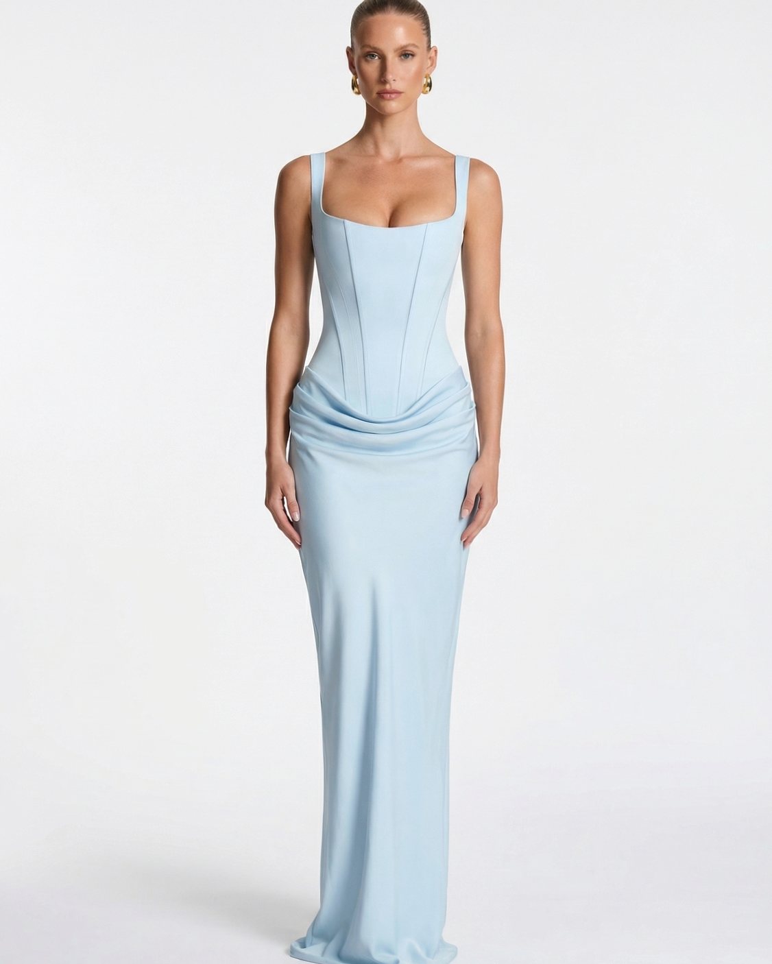 Women's Formal Corset-Bodice Draped Satin Maxi Dress - Light Blue