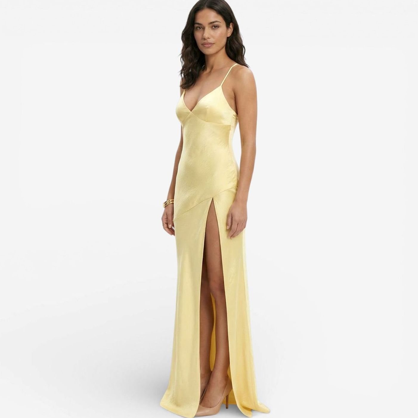 Women's Formal Satin V-Neck Thin Strap High-Slit Maxi Dress