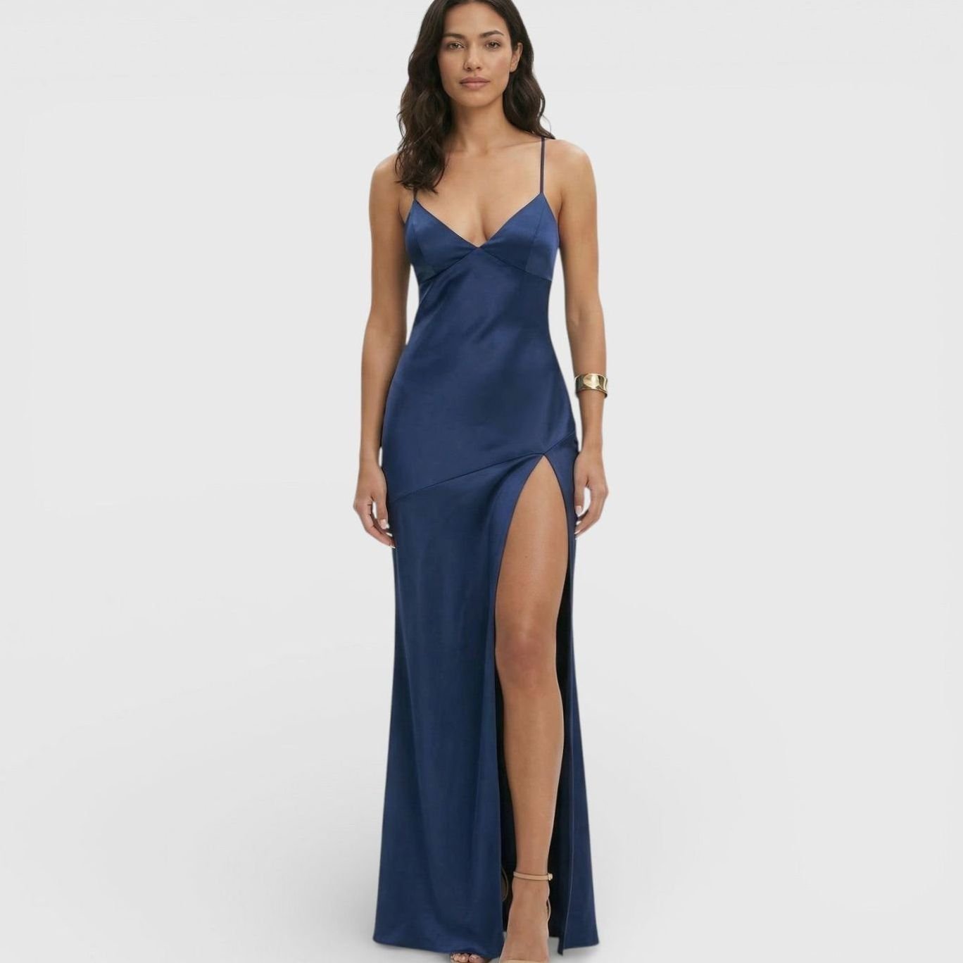 Women's Formal Satin V-Neck Thin Strap High-Slit Maxi Dress - Blue