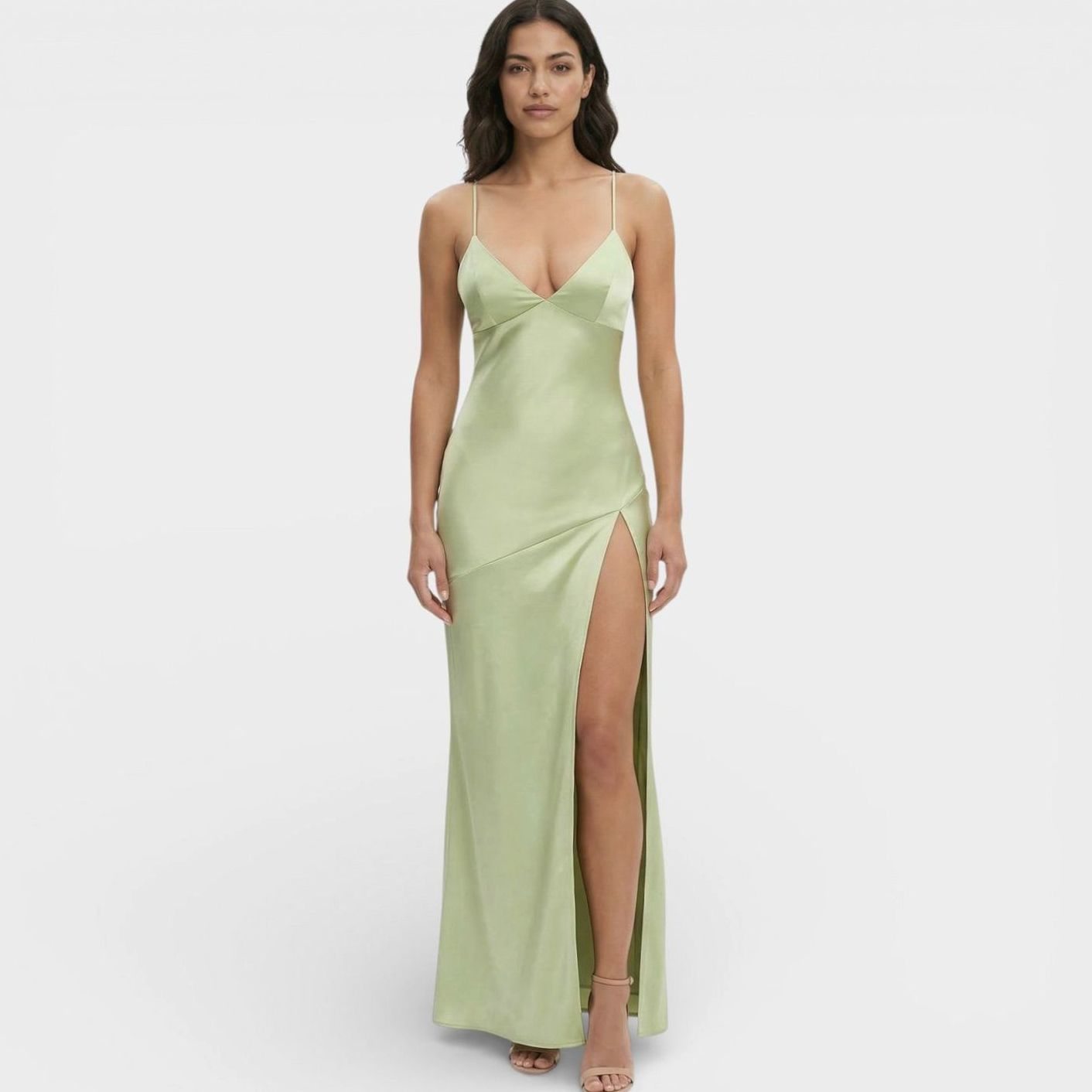 Women's Formal Satin V-Neck Thin Strap High-Slit Maxi Dress - Light Green