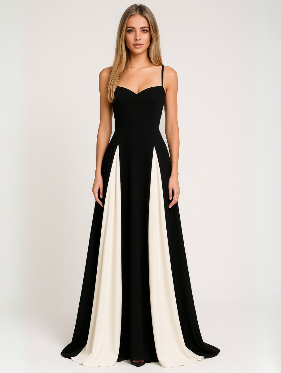 Women's Formal Sweetheart Wedding Guest Dress Flowing Maxi Gown - Black