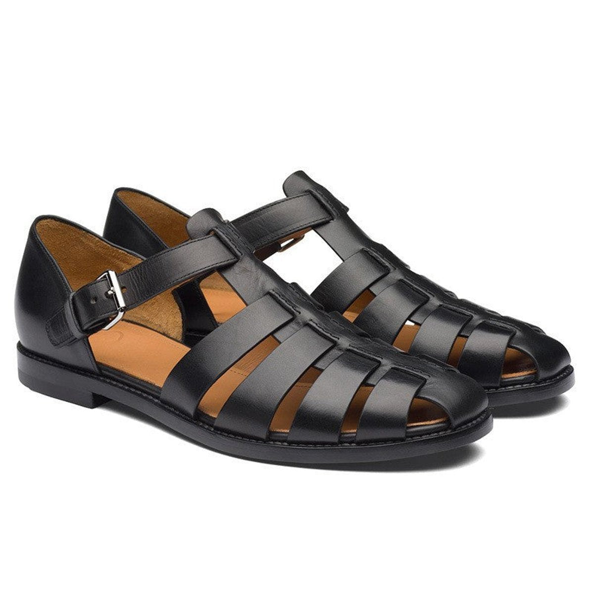 Women's Genuine Leather Gladiator Comfort Sandals Adjustable Buckle Flat - Black