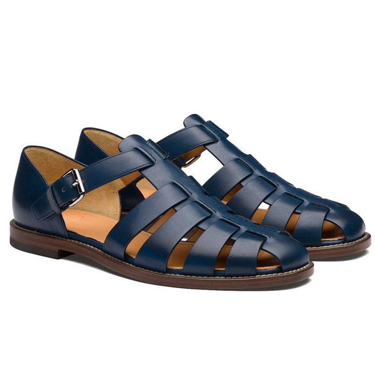 Women's Genuine Leather Gladiator Comfort Sandals Adjustable Buckle Flat - Navy Blue
