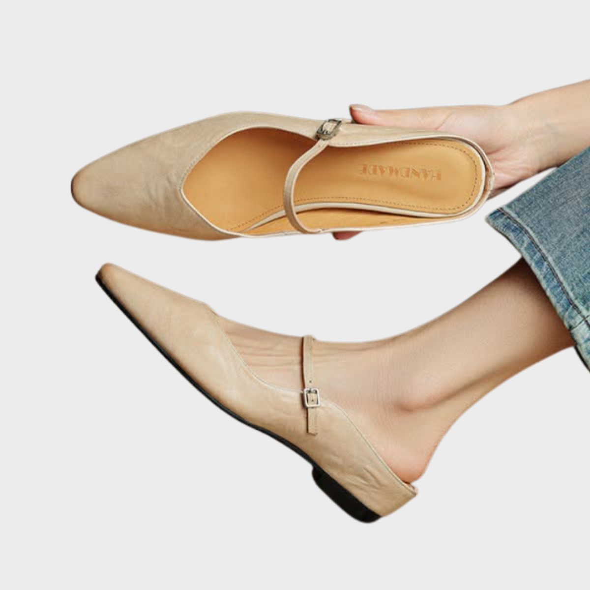 Women's Genuine Leather Pointed-Toe Comfort Sandals Buckle Mule Flats - Beige