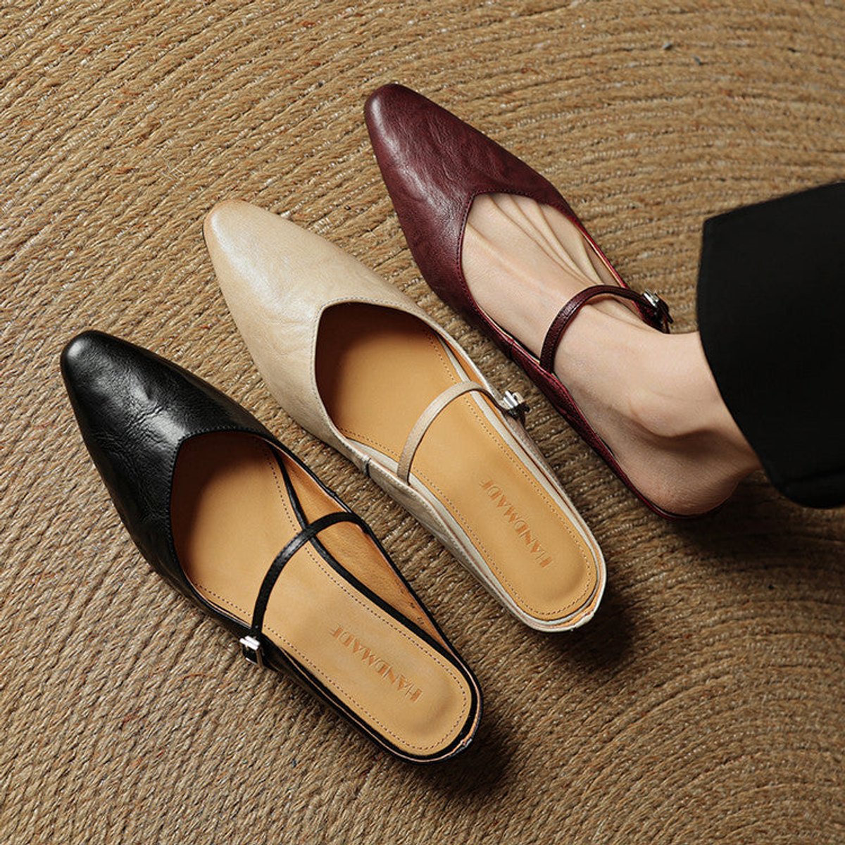 Women's Genuine Leather Pointed-Toe Comfort Sandals Buckle Mule Flats