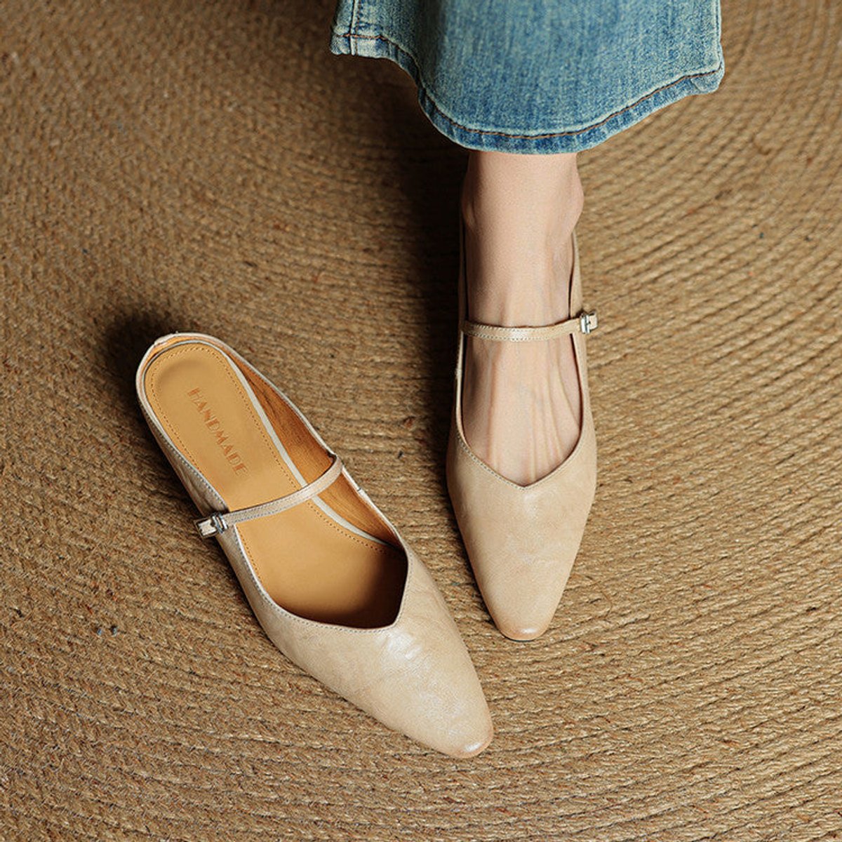 Women's Genuine Leather Pointed-Toe Comfort Sandals Buckle Mule Flats