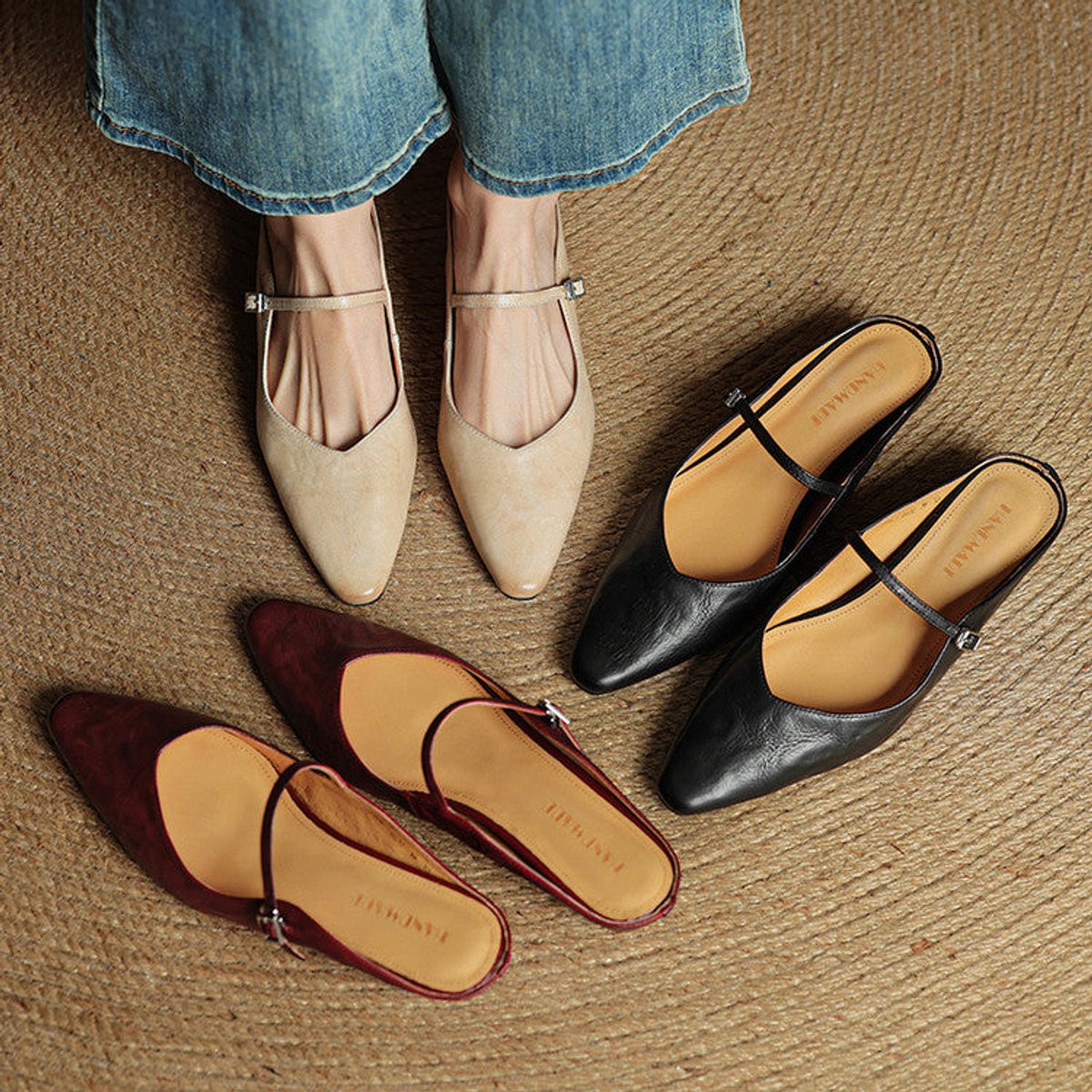 Women's Genuine Leather Pointed-Toe Comfort Sandals Buckle Mule Flats