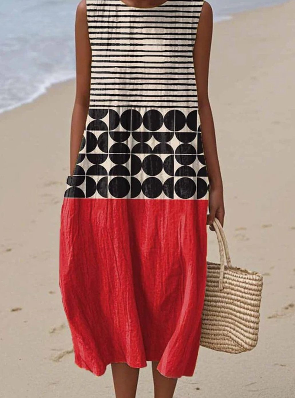 Women's Geometric Color Block Sleeveless Midi Dress - Multicolor