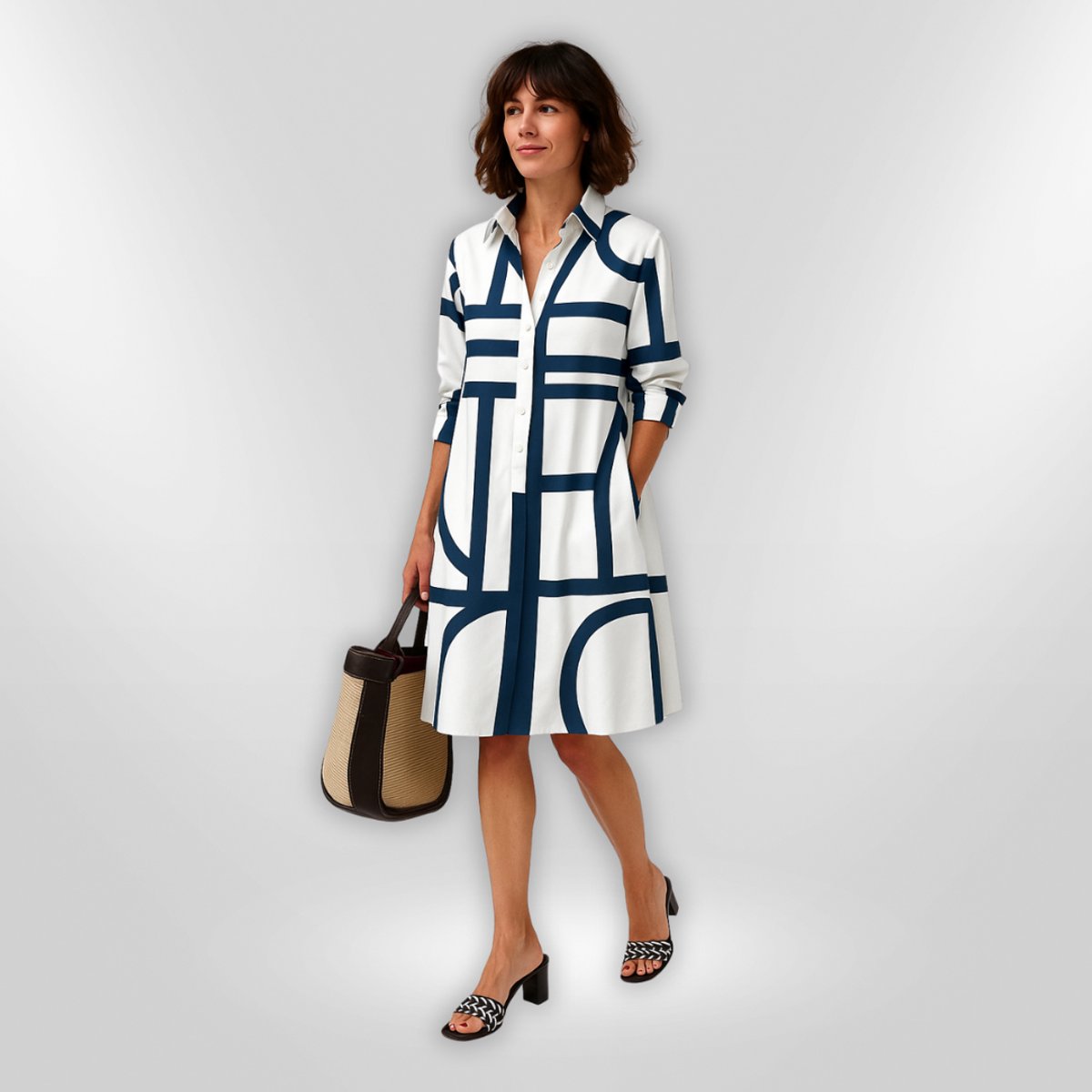 Women's Geometric Print A-Line Shirt Midi Dress 3/4 Sleeve