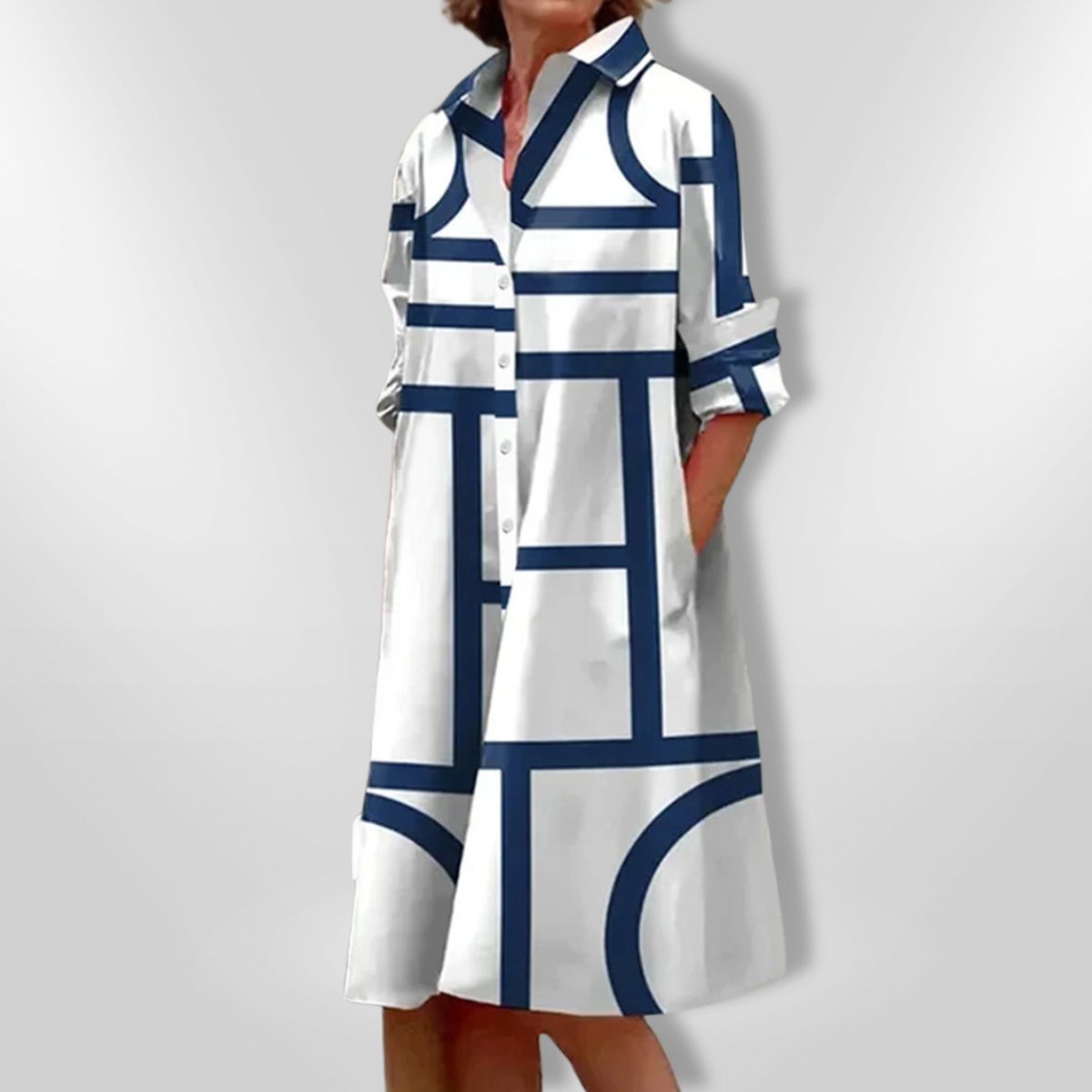 Women's Geometric Print A-Line Shirt Midi Dress 3/4 Sleeve