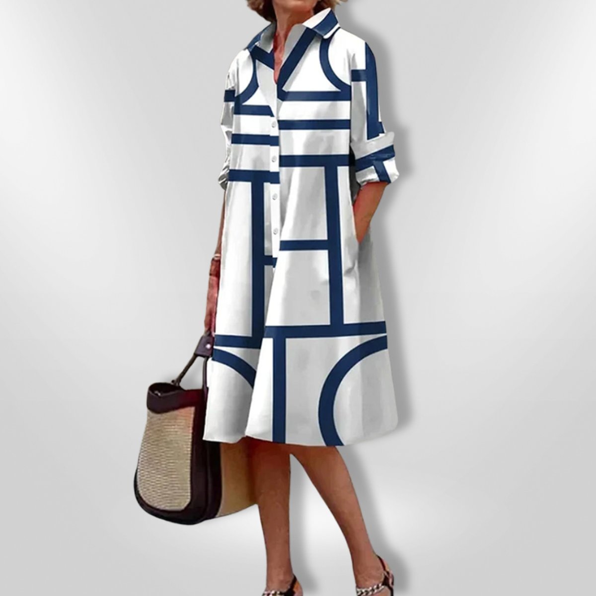 Women's Geometric Print A-Line Shirt Midi Dress 3/4 Sleeve - Blue