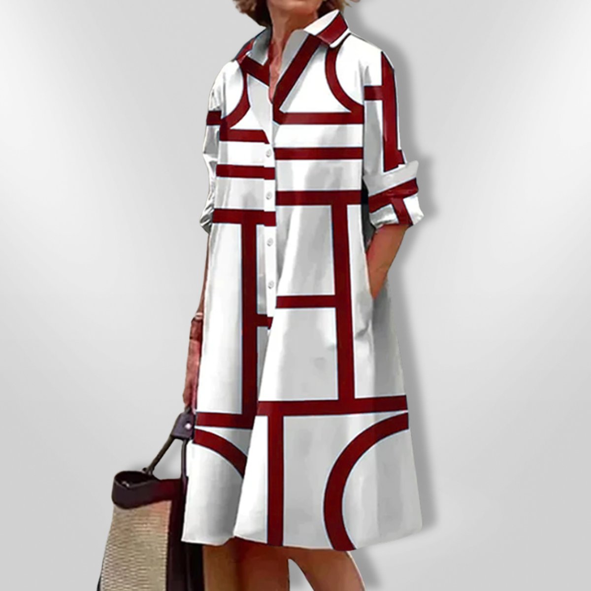 Women's Geometric Print A-Line Shirt Midi Dress 3/4 Sleeve - Red
