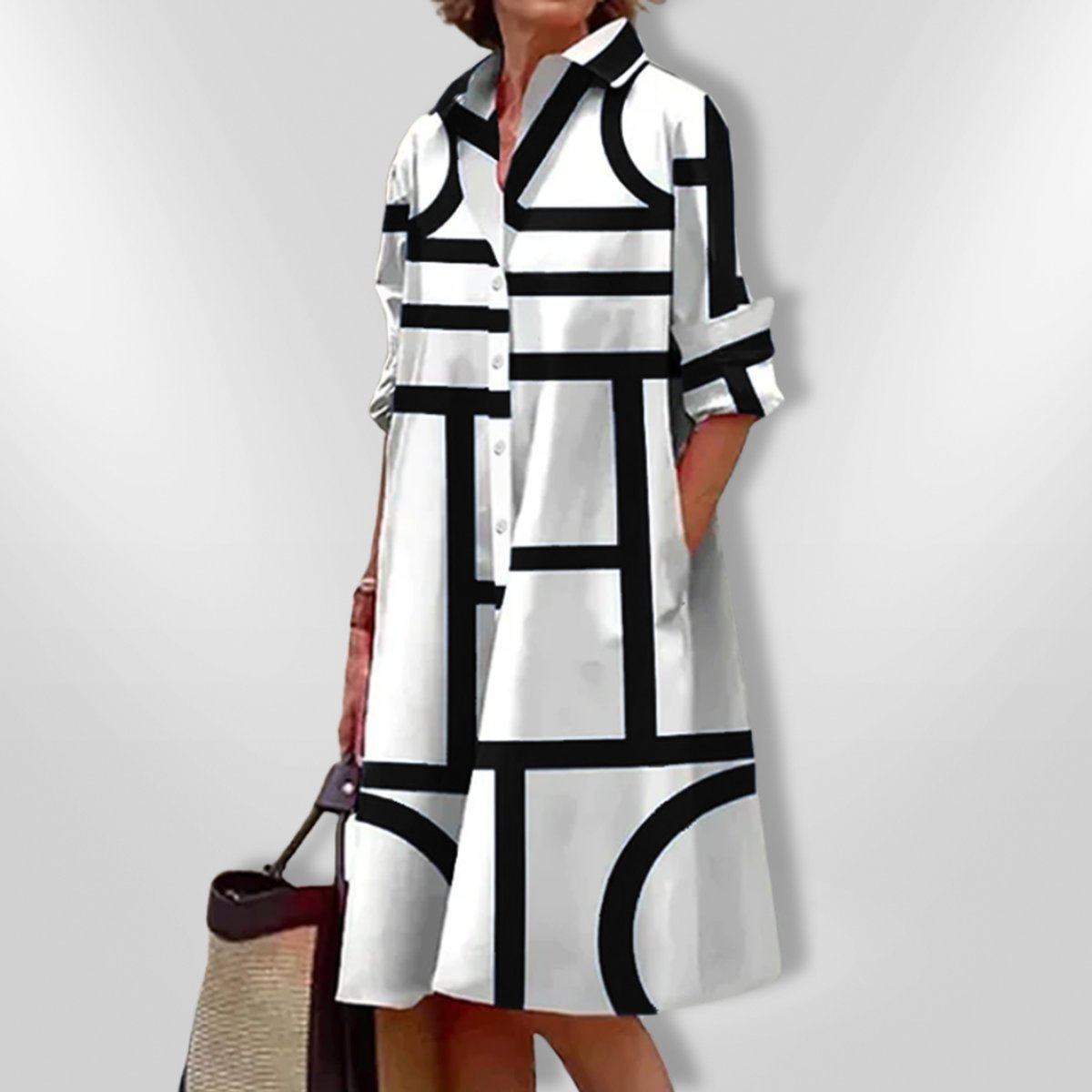 Women's Geometric Print A-Line Shirt Midi Dress 3/4 Sleeve - Black
