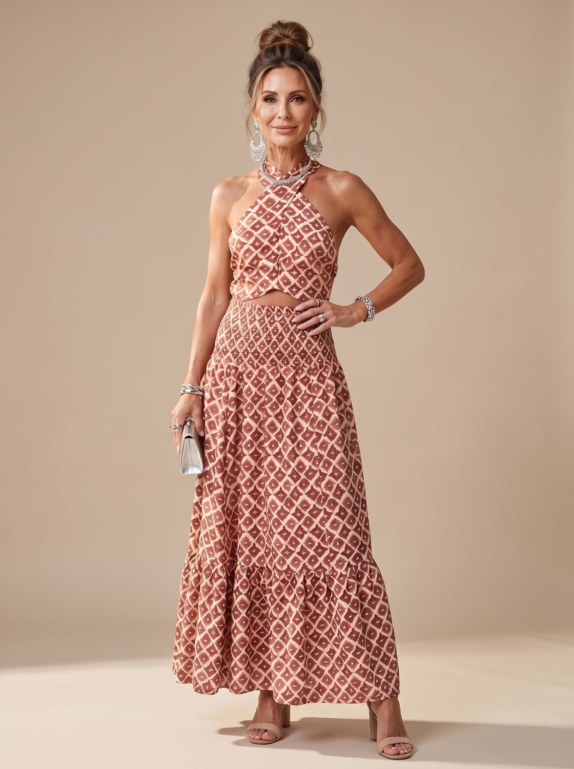 Women's Geometric Print Cross Halter Cutout Midi Dress - Geometric