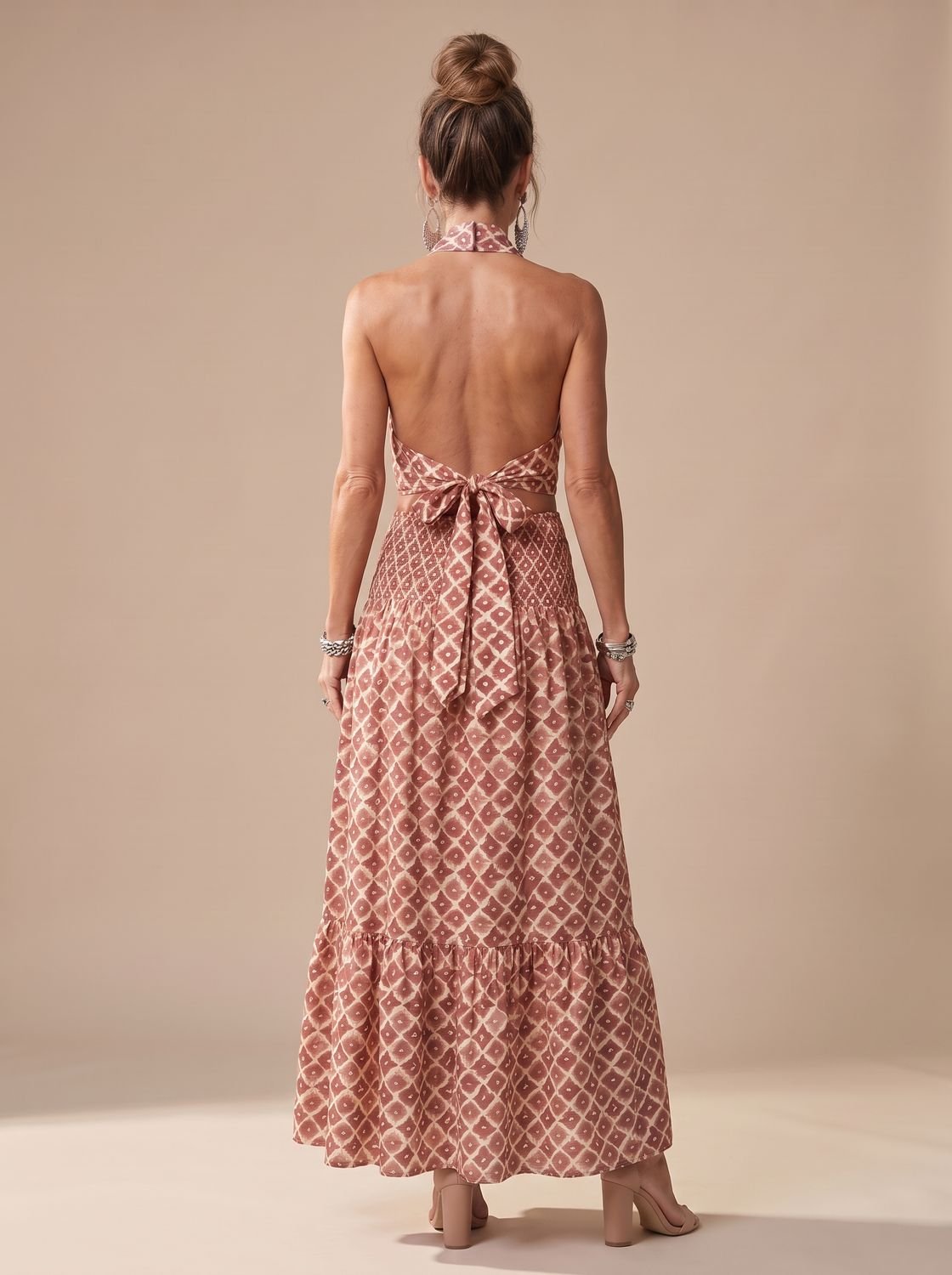 Women's Geometric Print Cross Halter Cutout Midi Dress