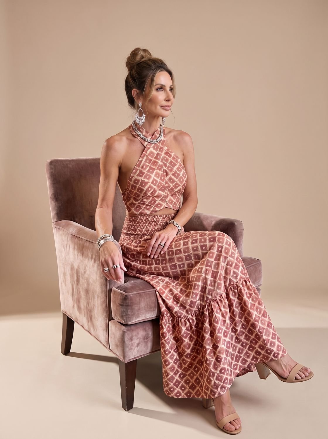 Women's Geometric Print Cross Halter Cutout Midi Dress