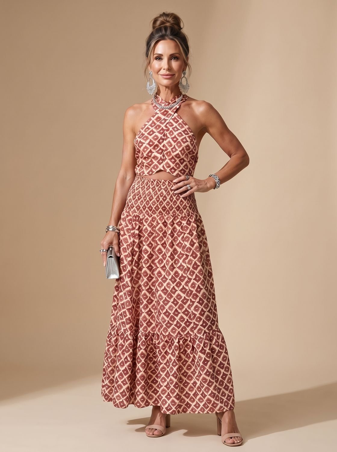 Women's Geometric Print Cross Halter Cutout Midi Dress, Rust Brown - Geometric