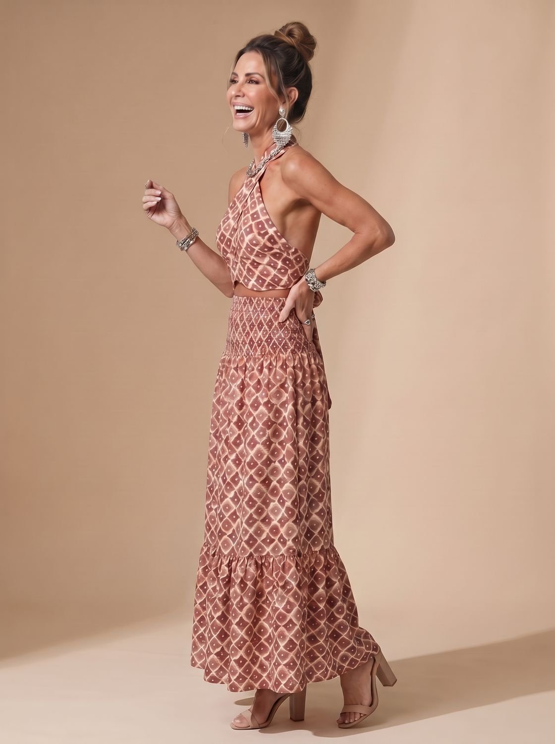 Women's Geometric Print Cross Halter Cutout Midi Dress, Rust Brown