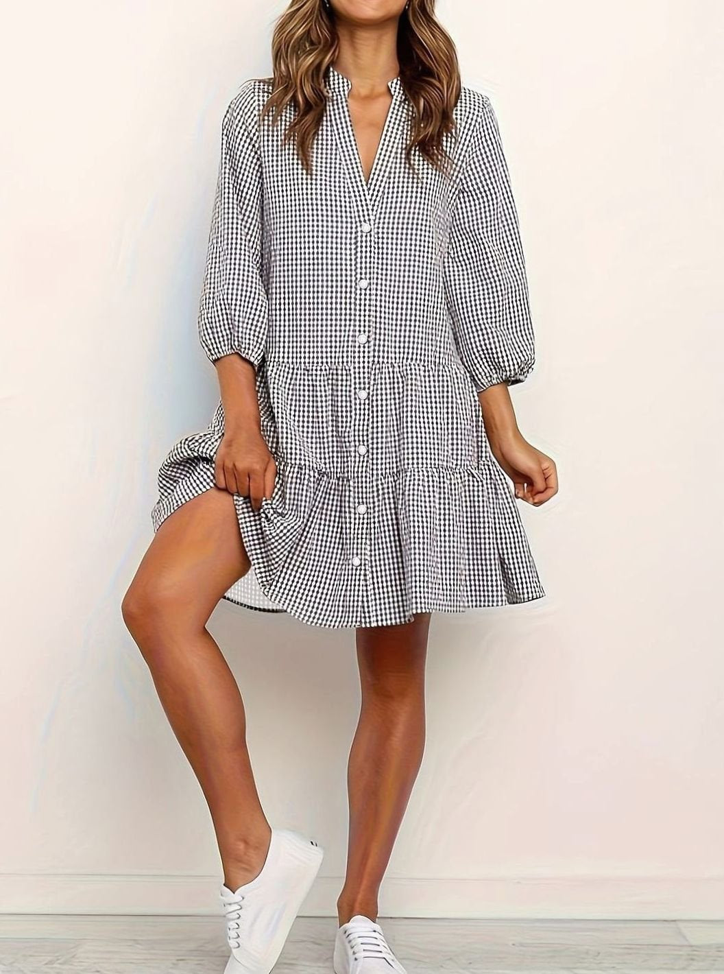 Women's Gingham Button-Down Tiered Mini Dress 3/4 Puff Sleeve - Black