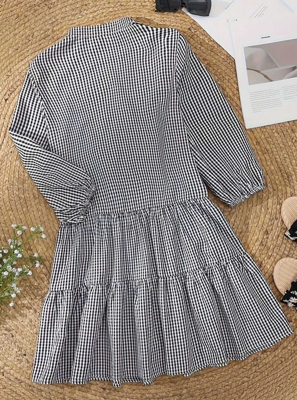 Women's Gingham Button-Down Tiered Mini Dress 3/4 Puff Sleeve