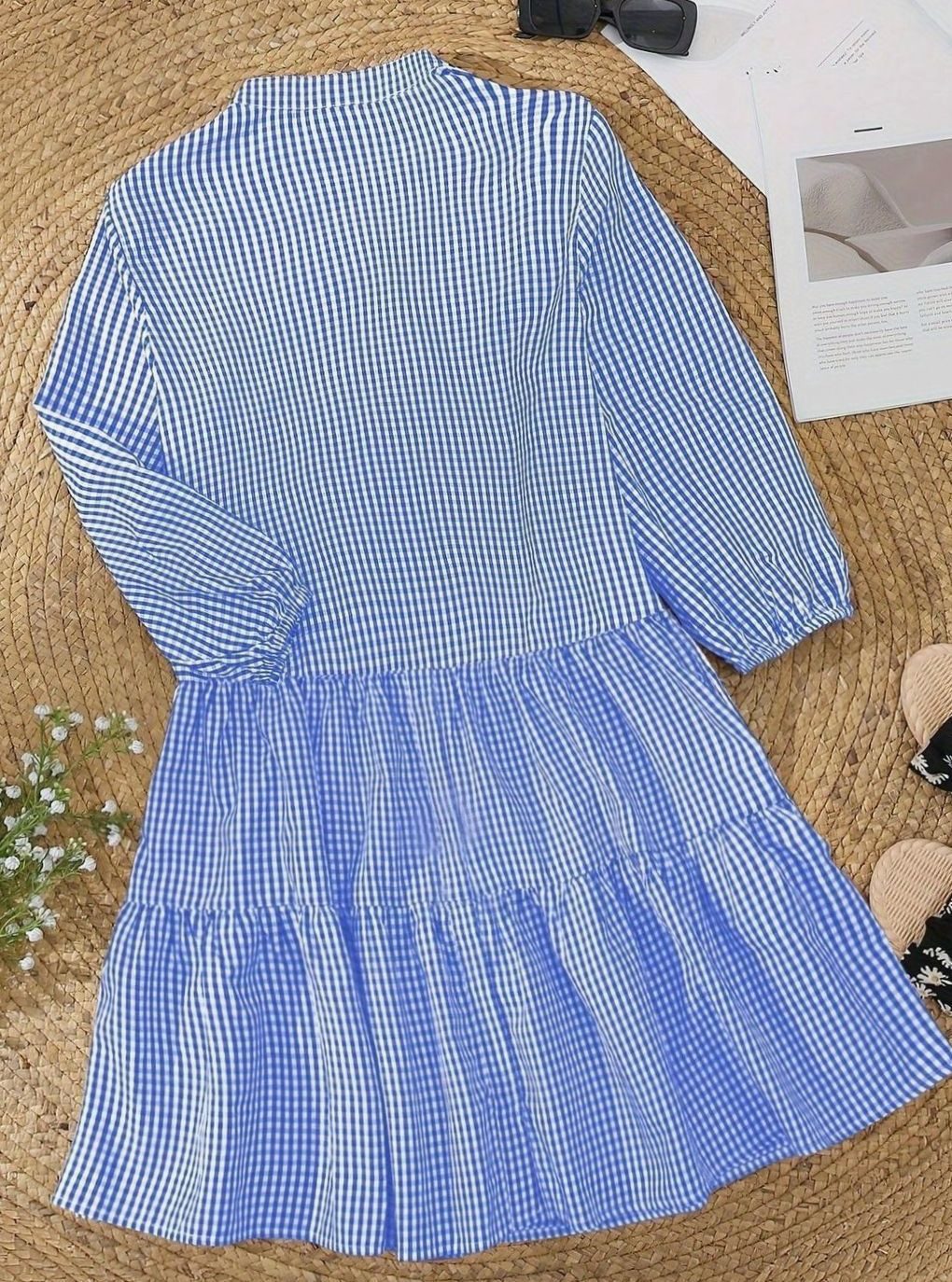 Women's Gingham Button-Down Tiered Mini Dress 3/4 Puff Sleeve