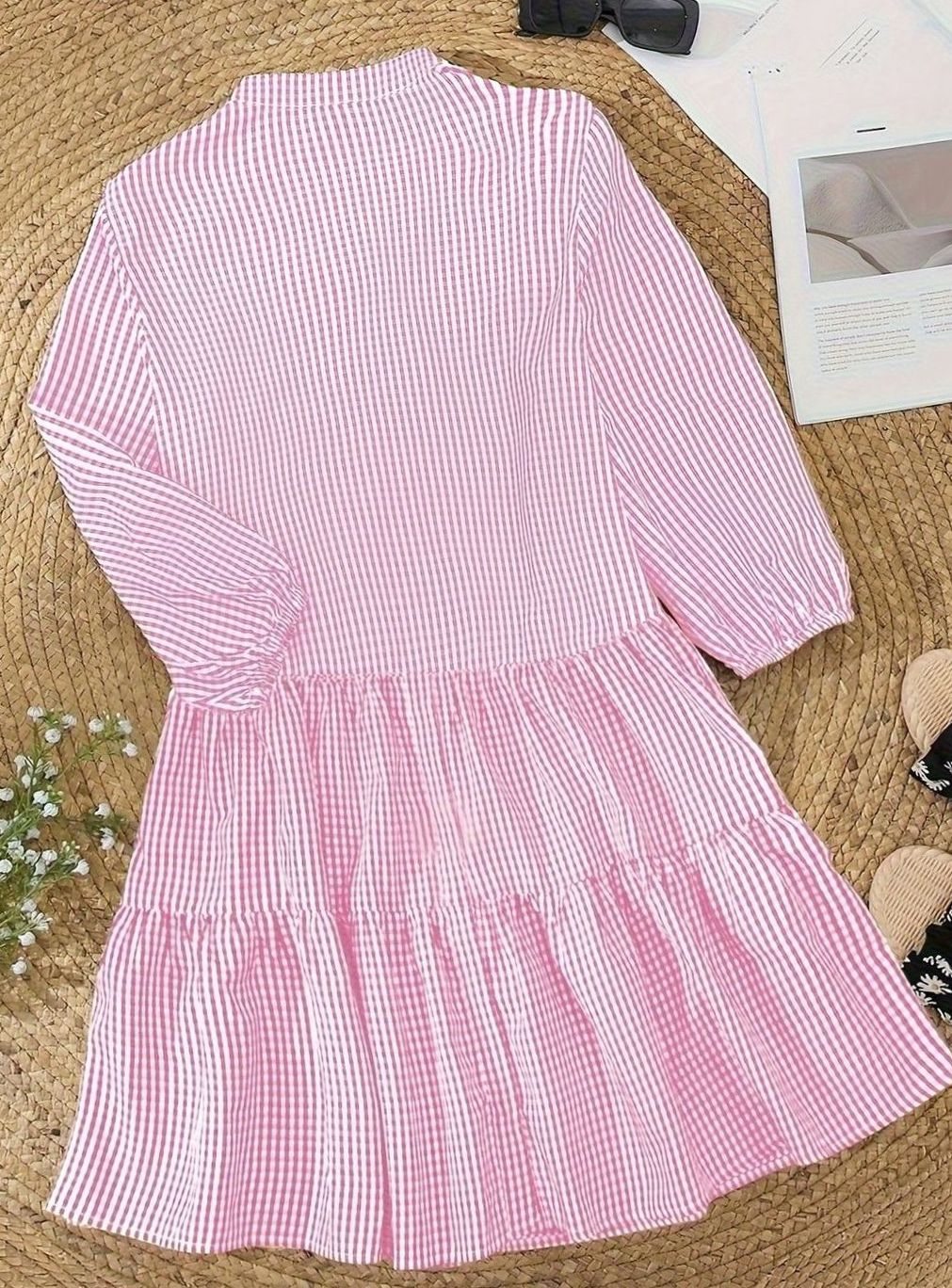 Women's Gingham Button-Down Tiered Mini Dress 3/4 Puff Sleeve