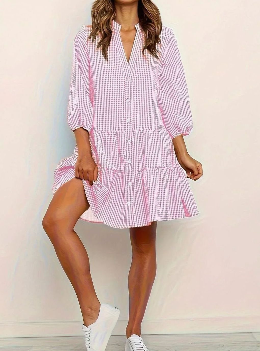 Women's Gingham Mini Dress Three-Quarter Sleeve Button-Front Ruffle Hem - Pink