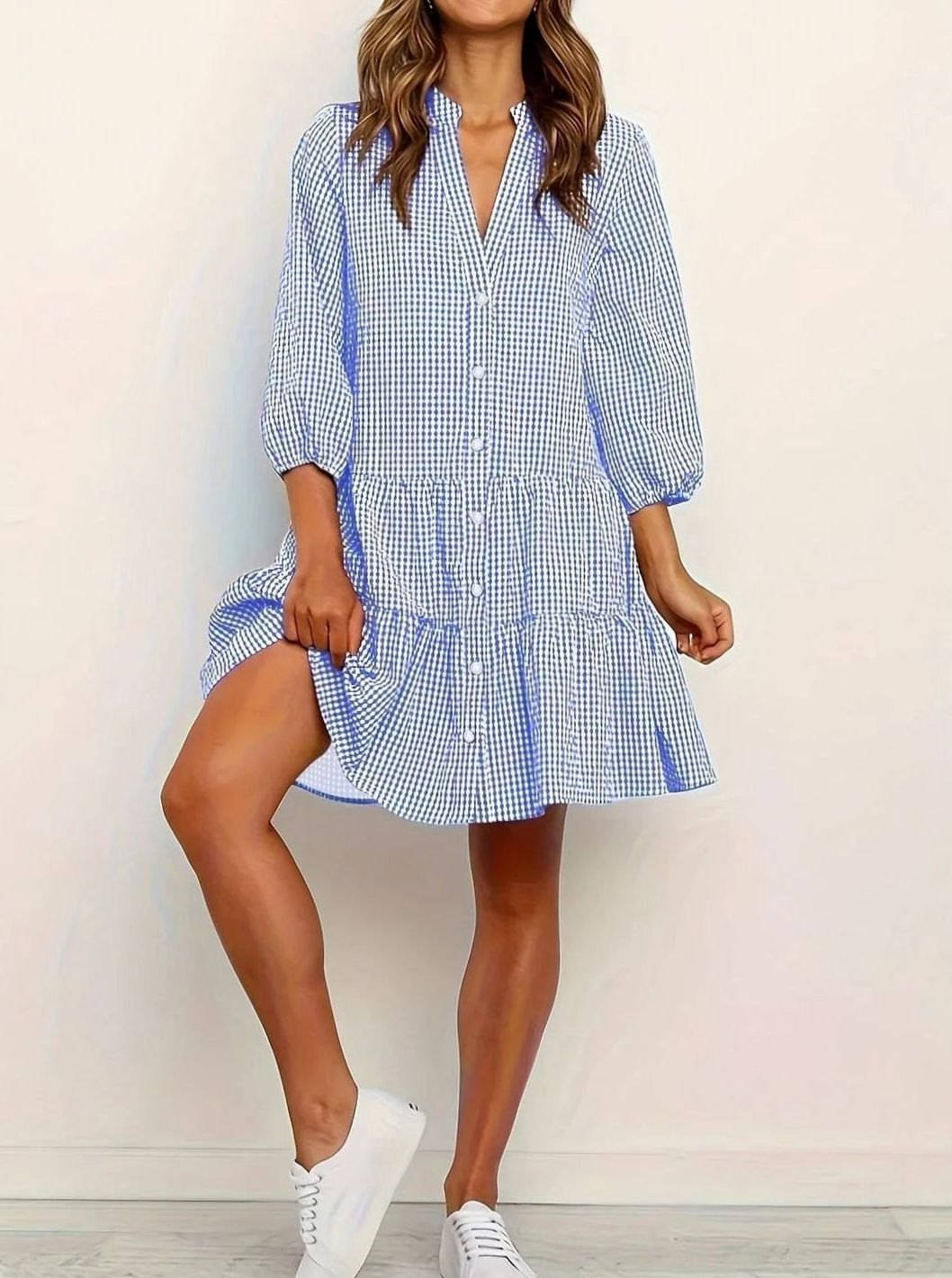 Women's Gingham Mini Dress Three-Quarter Sleeve Button-Front Ruffle Hem - Blue