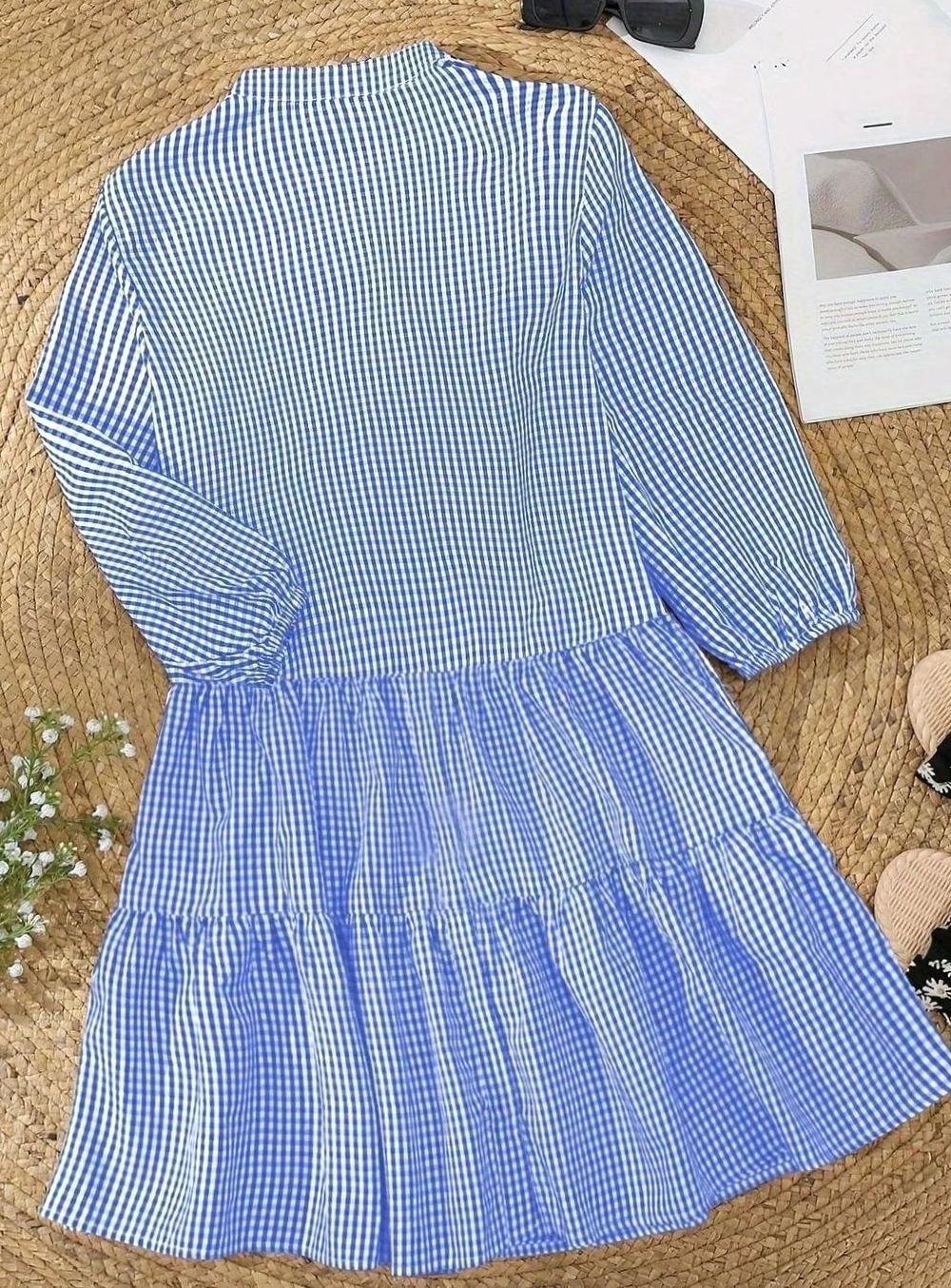 Women's Gingham Mini Dress Three-Quarter Sleeve Button-Front Ruffle Hem