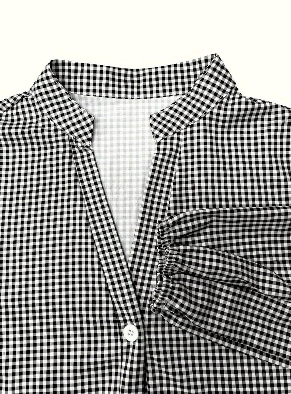 Women's Gingham Mini Dress Three-Quarter Sleeve Button-Front Ruffle Hem