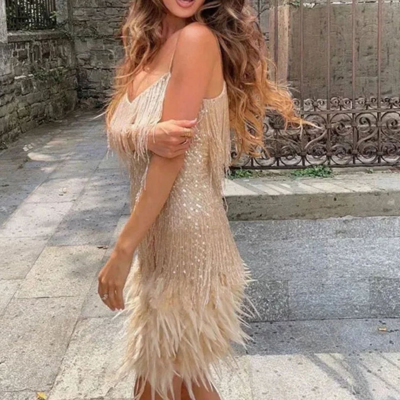 Women's Glam Feather-Trim Spaghetti-Strap Sequin Dress Mini