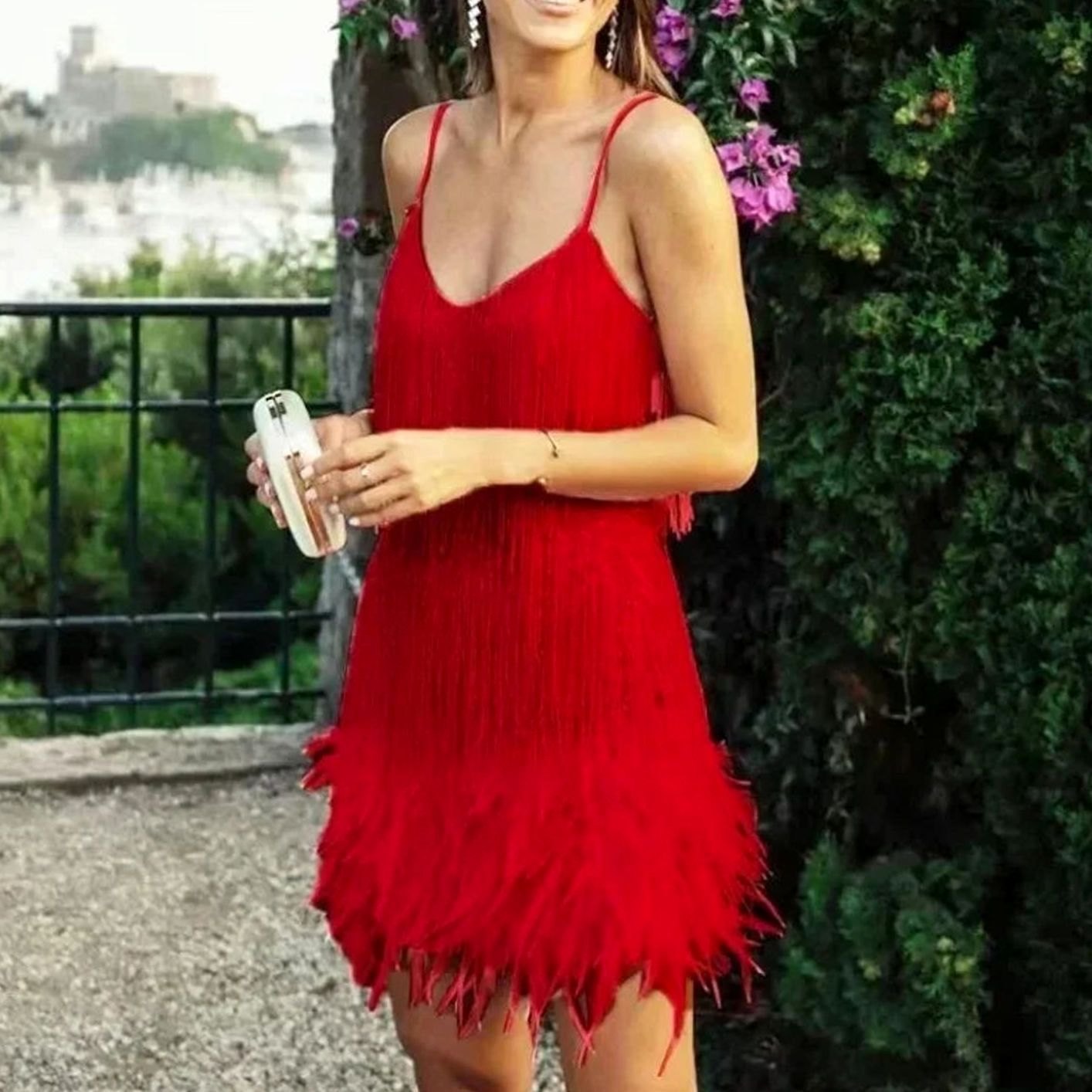 Women's Glam Feather-Trim Spaghetti-Strap Sequin Dress Mini - Red