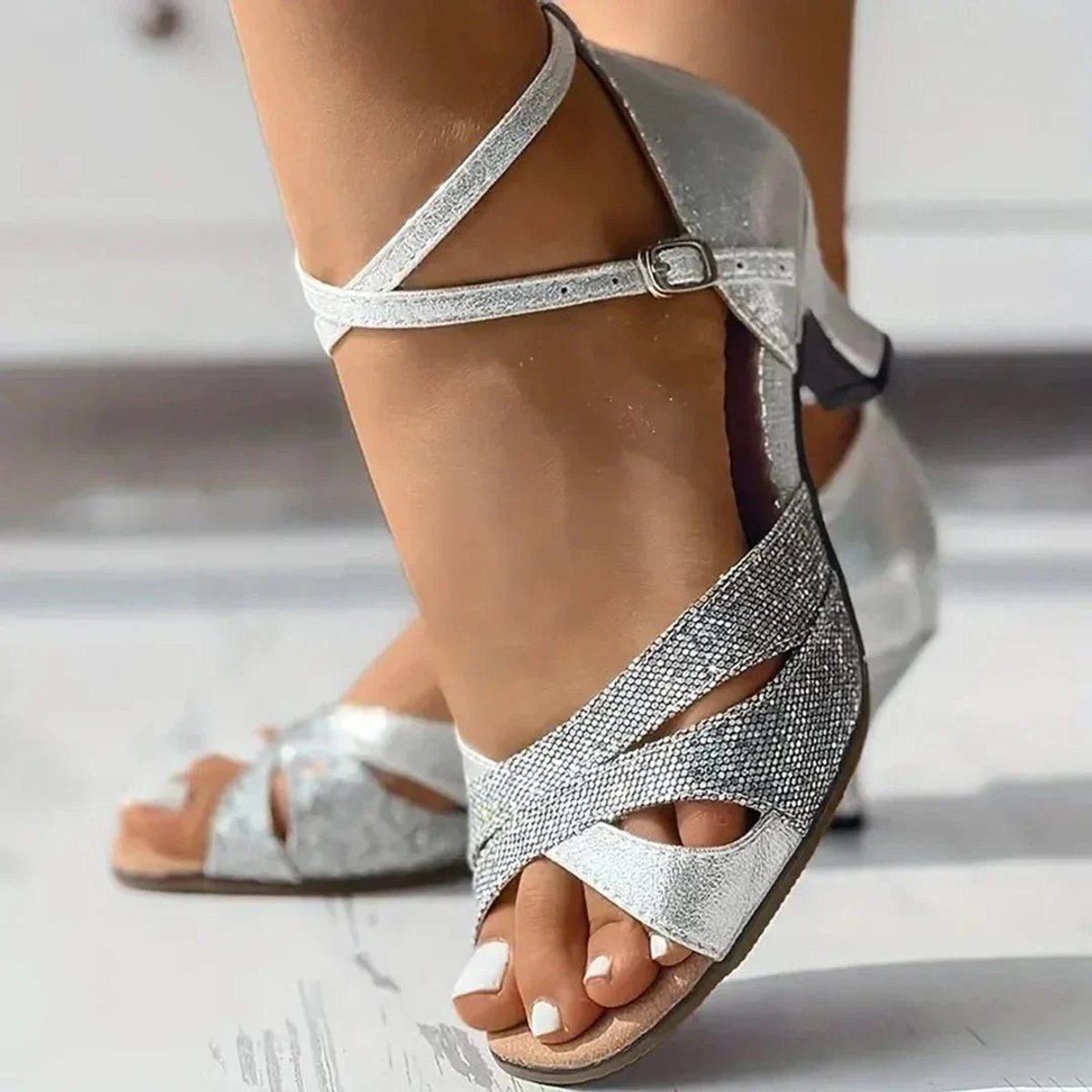 Women's Glitter Cross-Strap Ankle Buckle Comfort Sandals Open Toe